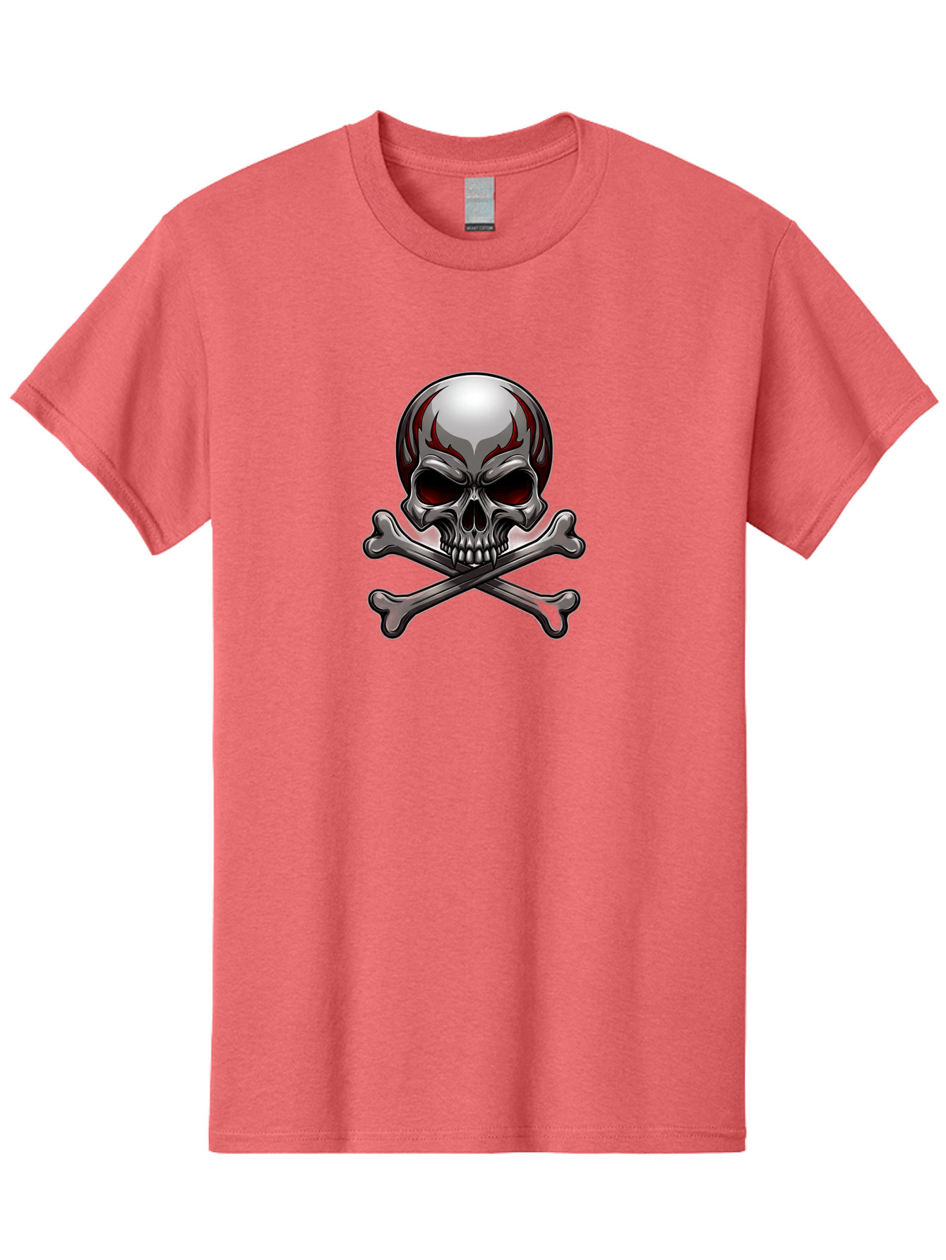 Metal-Skull Men'S Graphic Tee, 100% Cotton, Comfortable Casual Summer Wear, Machine Washable, Skull And Crossbones, Silver Skull, Red Flames, Danger Symbol, Warning Sign, Halloween Theme, Gothic Design, Bold Graphics, Edgy Art Bae230