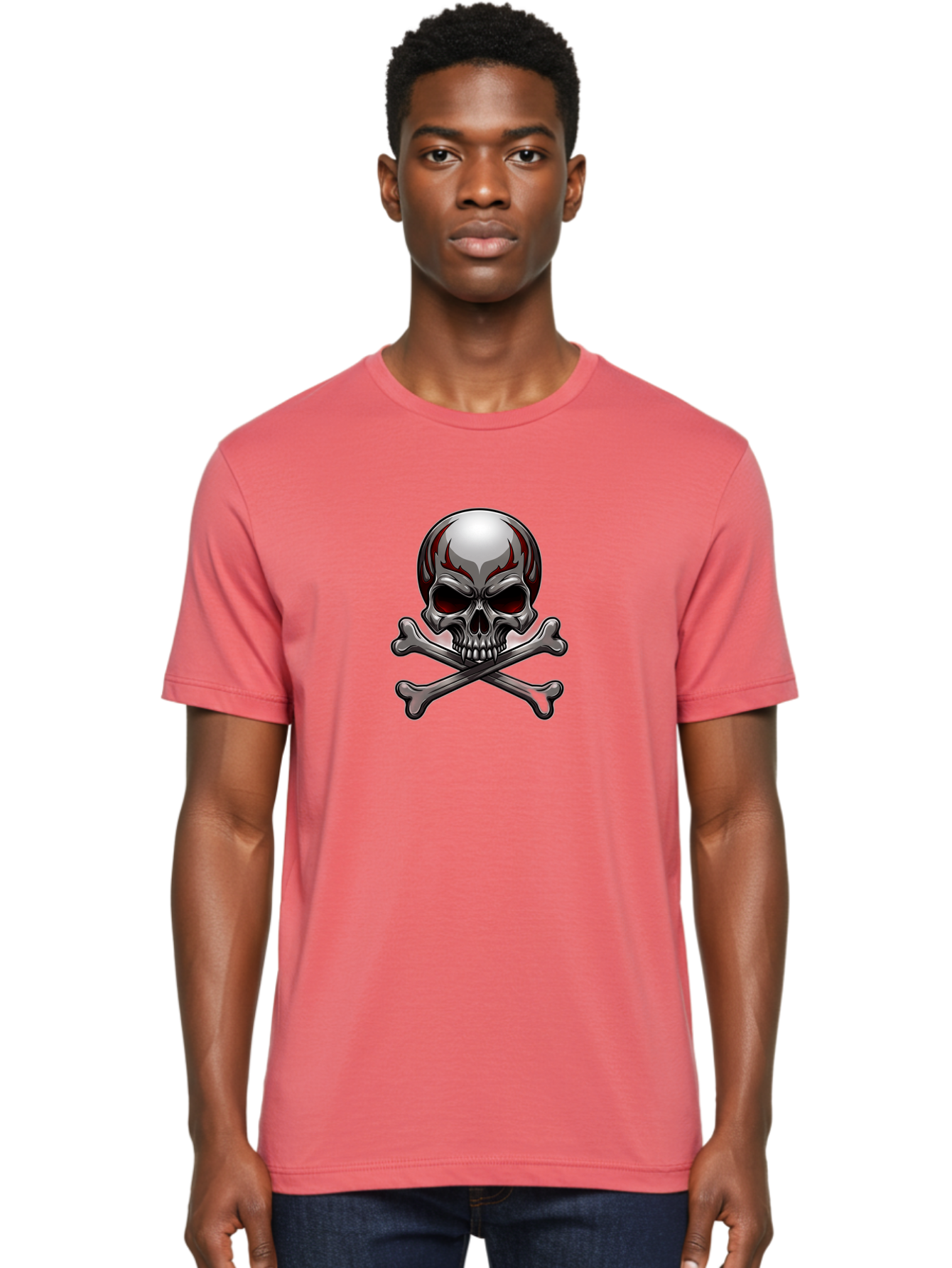 Metal-Skull Men'S Graphic Tee, 100% Cotton, Comfortable Casual Summer Wear, Machine Washable, Skull And Crossbones, Silver Skull, Red Flames, Danger Symbol, Warning Sign, Halloween Theme, Gothic Design, Bold Graphics, Edgy Art Bae230