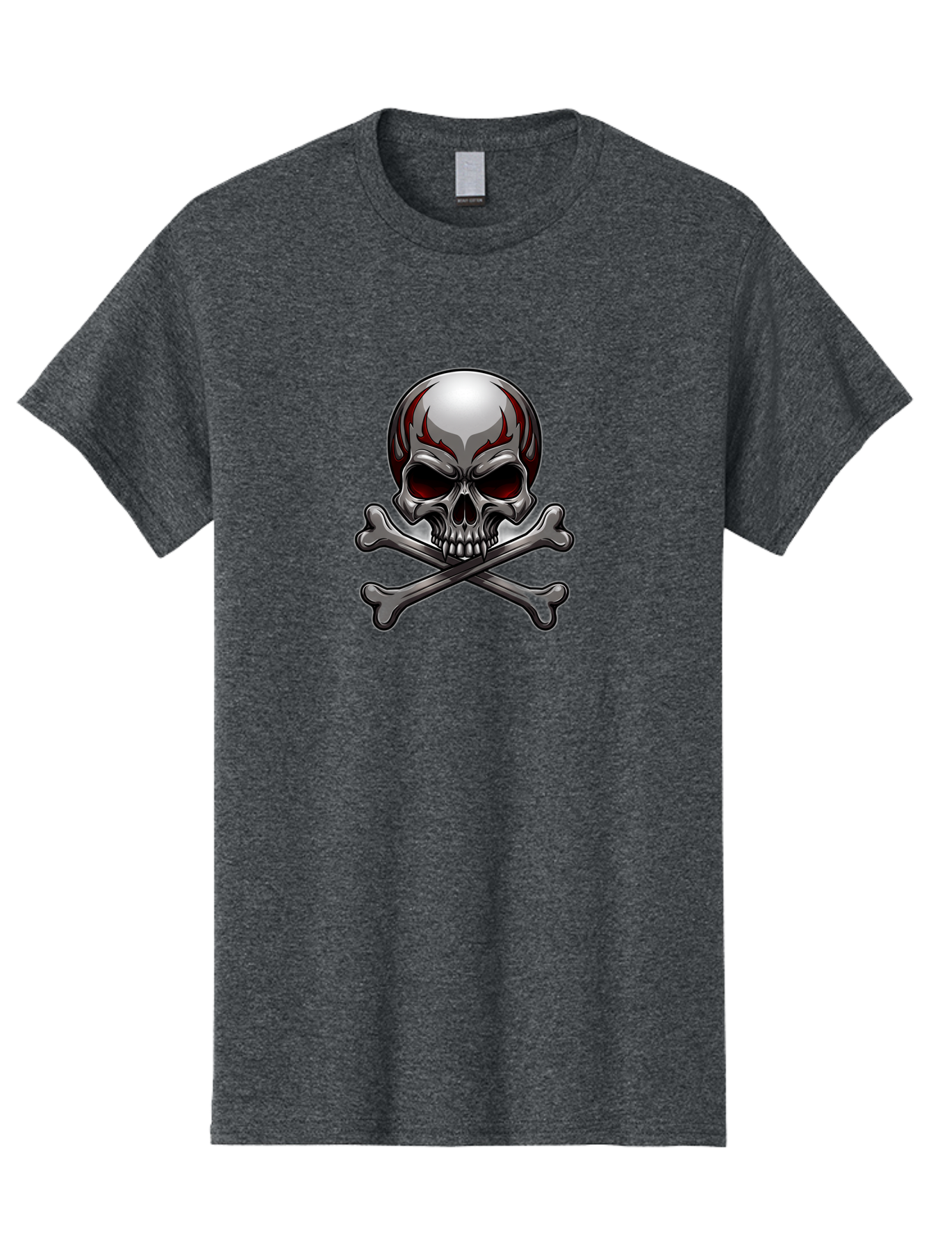 Metal-Skull Men'S Graphic Tee, 100% Cotton, Comfortable Casual Summer Wear, Machine Washable, Skull And Crossbones, Silver Skull, Red Flames, Danger Symbol, Warning Sign, Halloween Theme, Gothic Design, Bold Graphics, Edgy Art Bae230