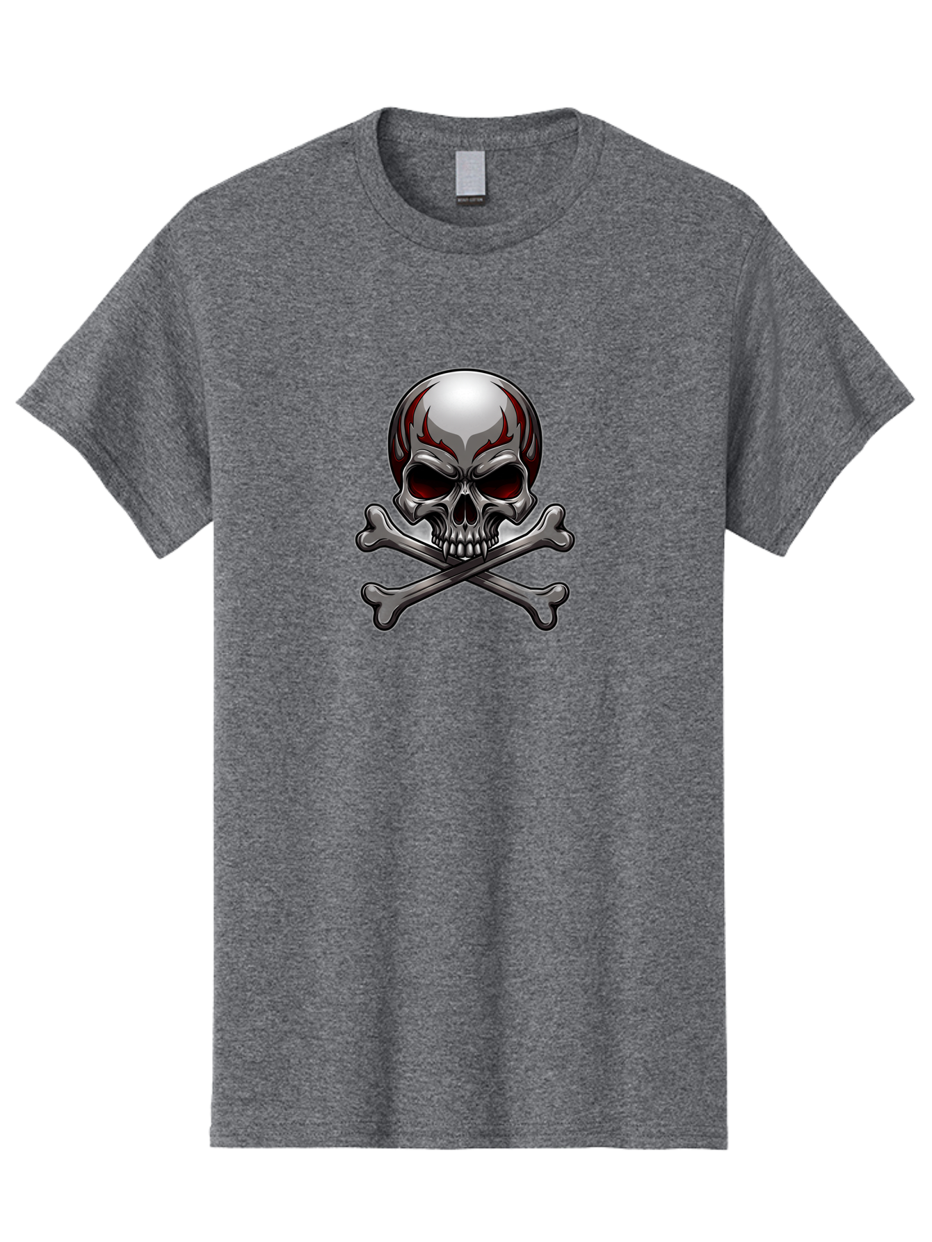 Metal-Skull Men'S Graphic Tee, 100% Cotton, Comfortable Casual Summer Wear, Machine Washable, Skull And Crossbones, Silver Skull, Red Flames, Danger Symbol, Warning Sign, Halloween Theme, Gothic Design, Bold Graphics, Edgy Art Bae230