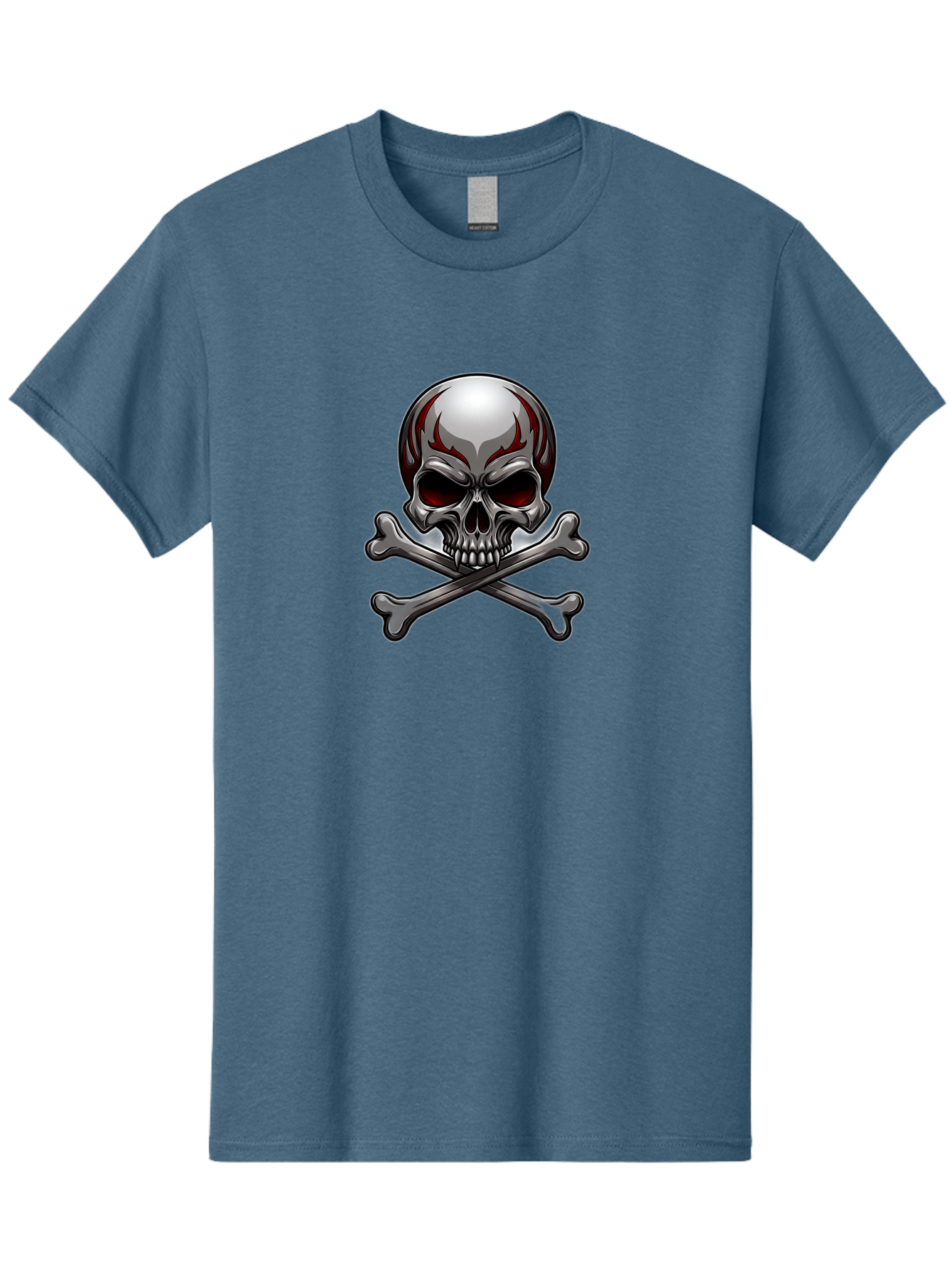 Metal-Skull Men'S Graphic Tee, 100% Cotton, Comfortable Casual Summer Wear, Machine Washable, Skull And Crossbones, Silver Skull, Red Flames, Danger Symbol, Warning Sign, Halloween Theme, Gothic Design, Bold Graphics, Edgy Art Bae230