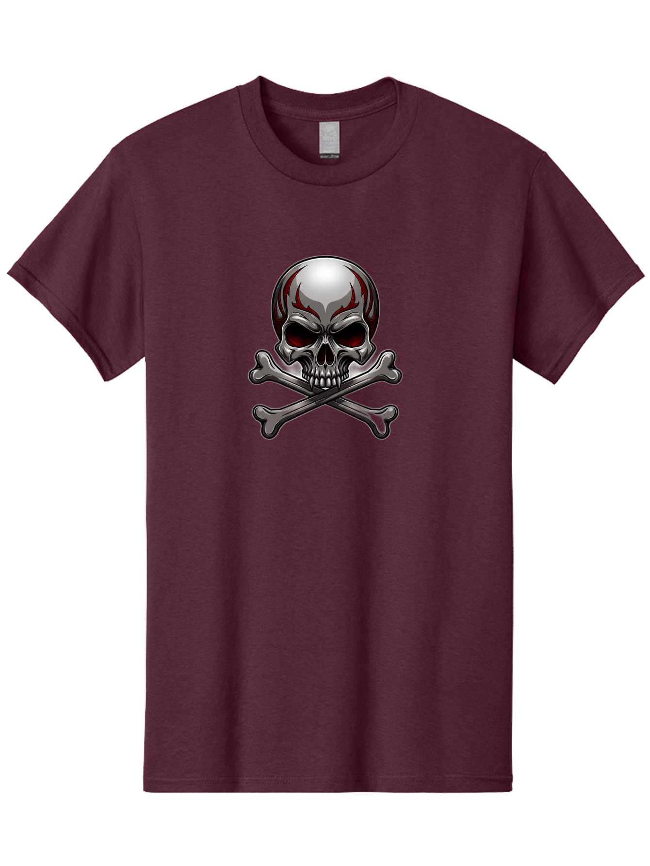 Metal-Skull Men'S Graphic Tee, 100% Cotton, Comfortable Casual Summer Wear, Machine Washable, Skull And Crossbones, Silver Skull, Red Flames, Danger Symbol, Warning Sign, Halloween Theme, Gothic Design, Bold Graphics, Edgy Art Bae230