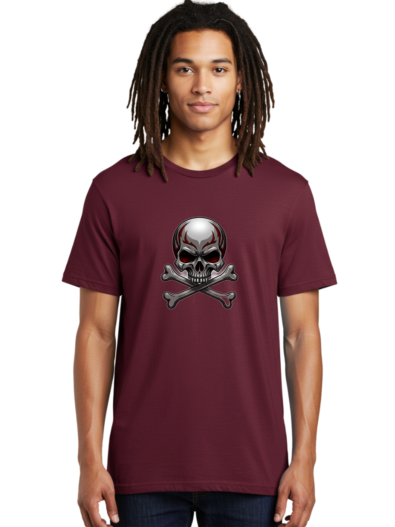 Metal-Skull Men'S Graphic Tee, 100% Cotton, Comfortable Casual Summer Wear, Machine Washable, Skull And Crossbones, Silver Skull, Red Flames, Danger Symbol, Warning Sign, Halloween Theme, Gothic Design, Bold Graphics, Edgy Art Bae230