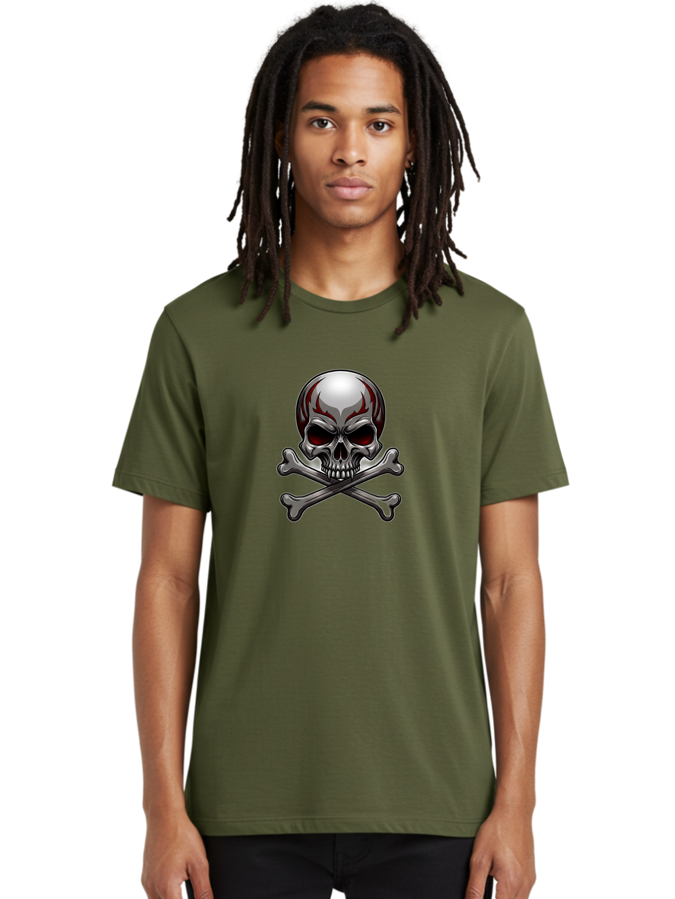 Metal-Skull Men'S Graphic Tee, 100% Cotton, Comfortable Casual Summer Wear, Machine Washable, Skull And Crossbones, Silver Skull, Red Flames, Danger Symbol, Warning Sign, Halloween Theme, Gothic Design, Bold Graphics, Edgy Art Bae230