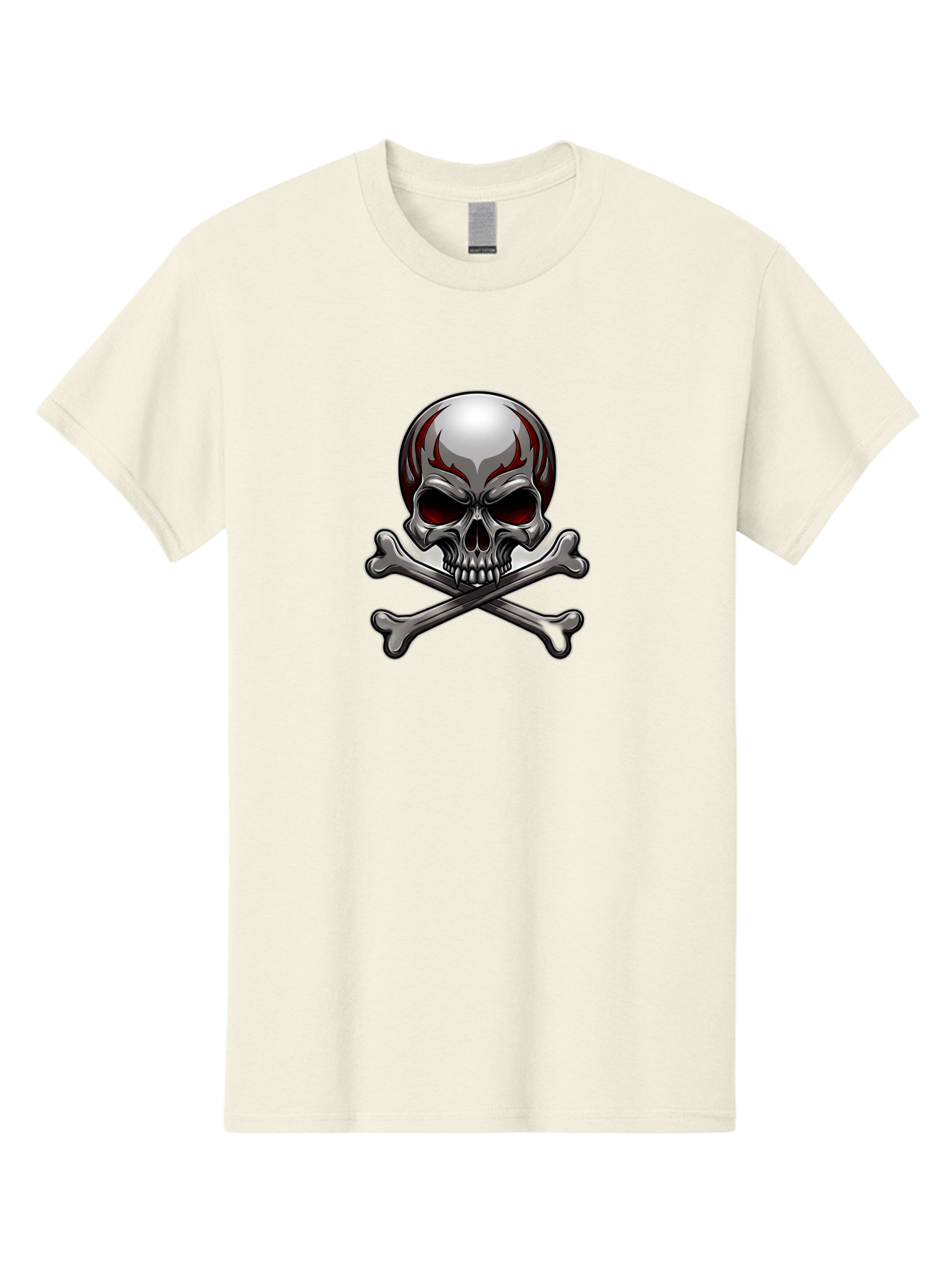 Metal-Skull Men'S Graphic Tee, 100% Cotton, Comfortable Casual Summer Wear, Machine Washable, Skull And Crossbones, Silver Skull, Red Flames, Danger Symbol, Warning Sign, Halloween Theme, Gothic Design, Bold Graphics, Edgy Art Bae230