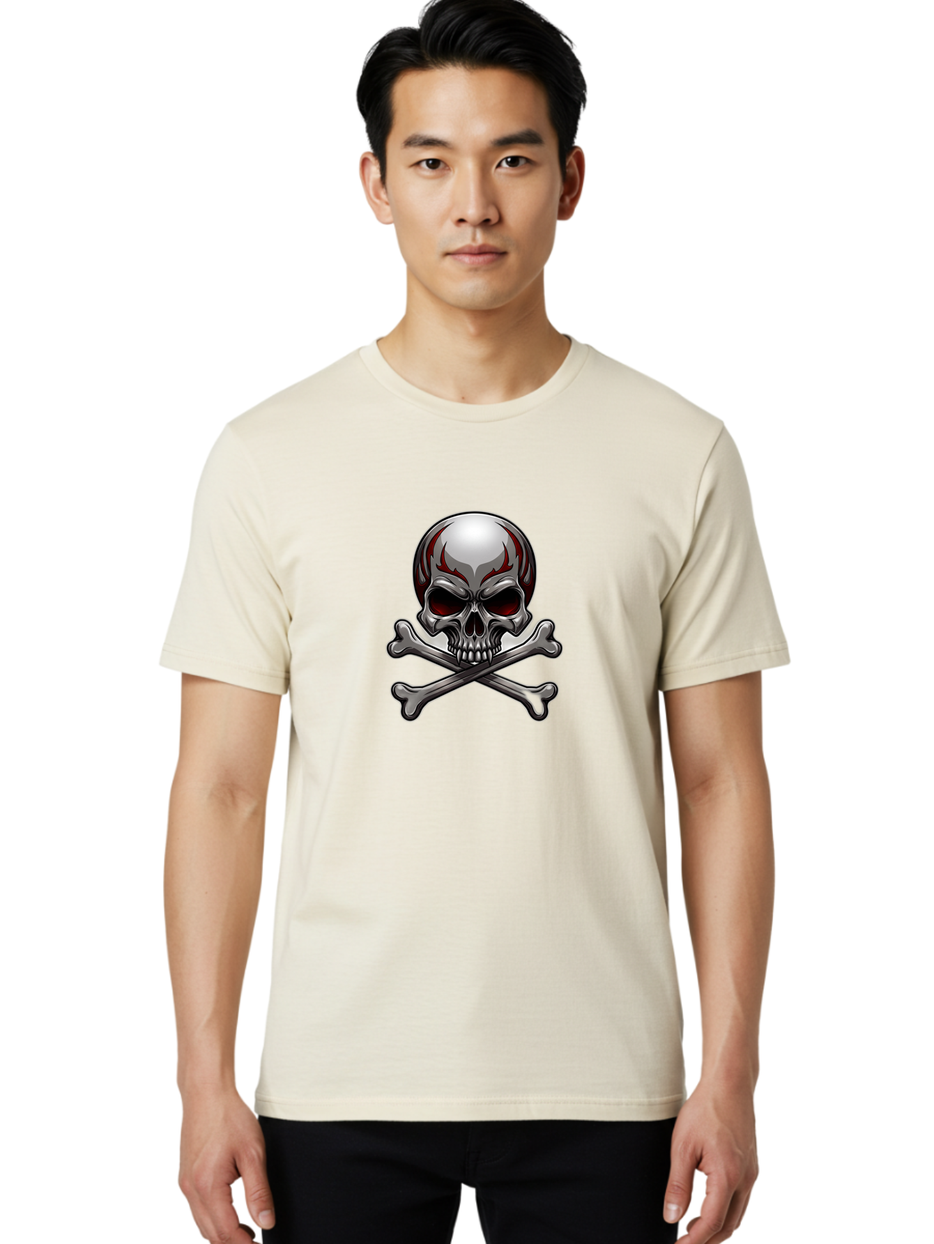 Metal-Skull Men'S Graphic Tee, 100% Cotton, Comfortable Casual Summer Wear, Machine Washable, Skull And Crossbones, Silver Skull, Red Flames, Danger Symbol, Warning Sign, Halloween Theme, Gothic Design, Bold Graphics, Edgy Art Bae230