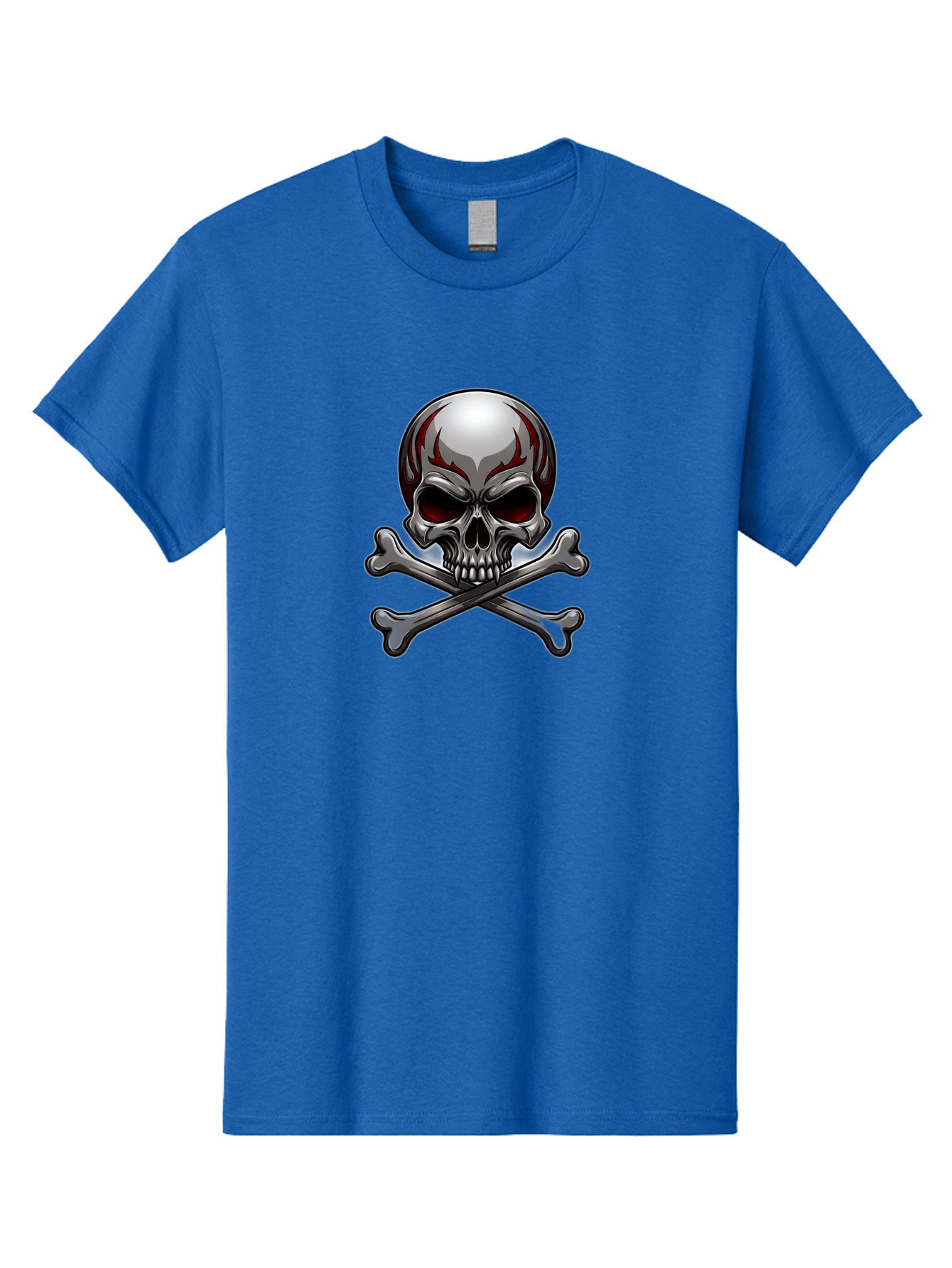Metal-Skull Men'S Graphic Tee, 100% Cotton, Comfortable Casual Summer Wear, Machine Washable, Skull And Crossbones, Silver Skull, Red Flames, Danger Symbol, Warning Sign, Halloween Theme, Gothic Design, Bold Graphics, Edgy Art Bae230