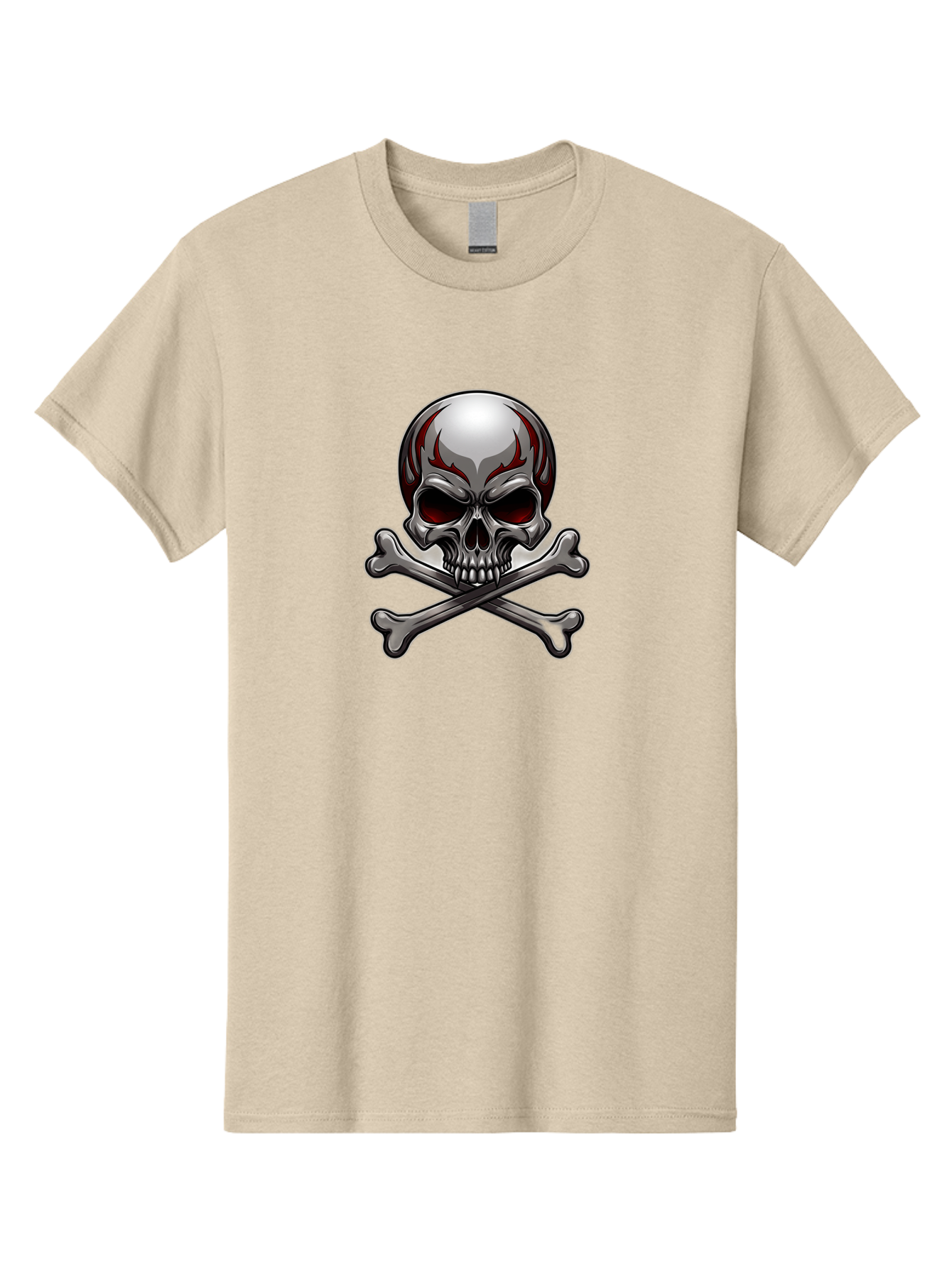 Metal-Skull Men'S Graphic Tee, 100% Cotton, Comfortable Casual Summer Wear, Machine Washable, Skull And Crossbones, Silver Skull, Red Flames, Danger Symbol, Warning Sign, Halloween Theme, Gothic Design, Bold Graphics, Edgy Art Bae230