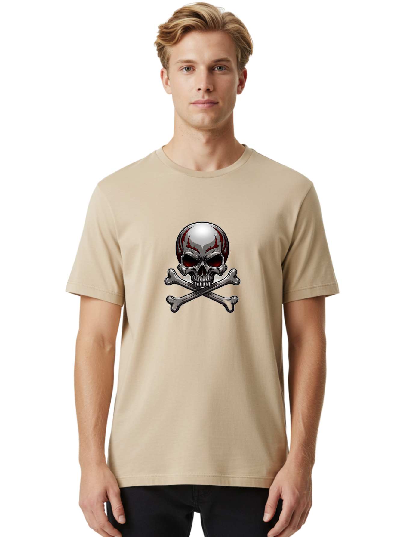 Metal-Skull Men'S Graphic Tee, 100% Cotton, Comfortable Casual Summer Wear, Machine Washable, Skull And Crossbones, Silver Skull, Red Flames, Danger Symbol, Warning Sign, Halloween Theme, Gothic Design, Bold Graphics, Edgy Art Bae230