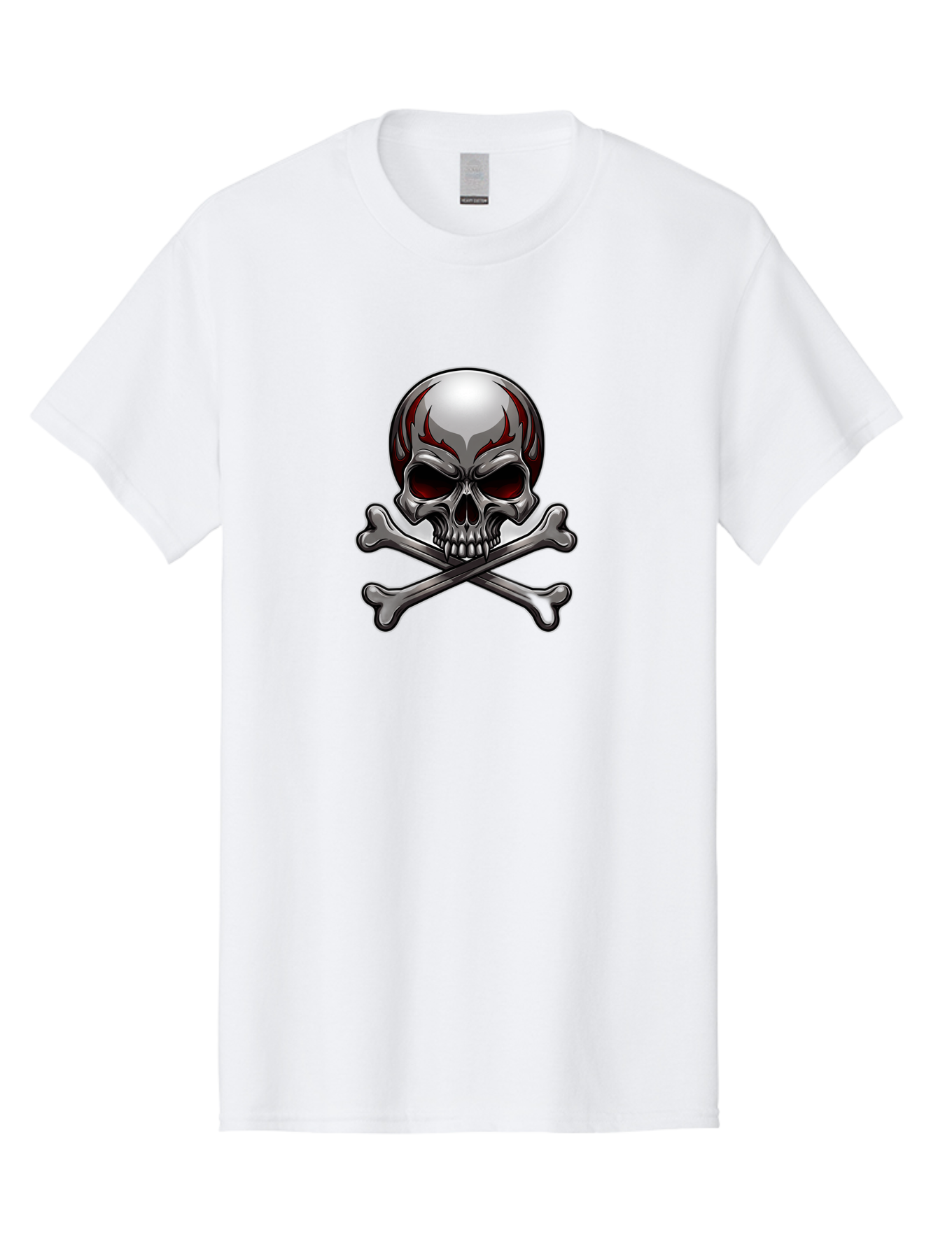 Metal-Skull Men'S Graphic Tee, 100% Cotton, Comfortable Casual Summer Wear, Machine Washable, Skull And Crossbones, Silver Skull, Red Flames, Danger Symbol, Warning Sign, Halloween Theme, Gothic Design, Bold Graphics, Edgy Art Bae230