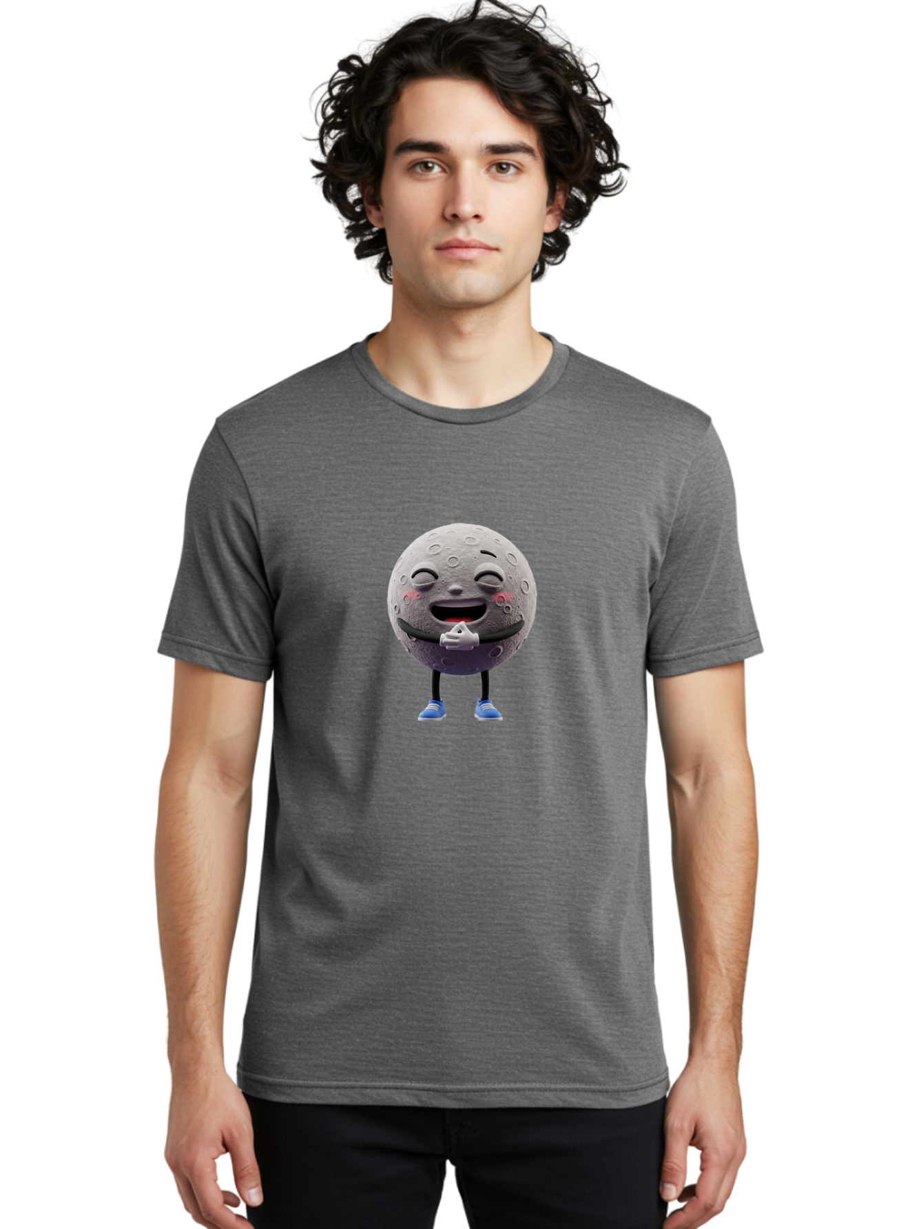 Moon-Character Men'S Graphic Tee, 100% Cotton, Comfortable Casual Summer Wear, Machine Washable, Cartoon Moon With Face, Smiling Moon Character, Moon With Legs, Blue Sneakers, Craters On Moon, Happy Expression, Anthropomorphic Moon, Bae231