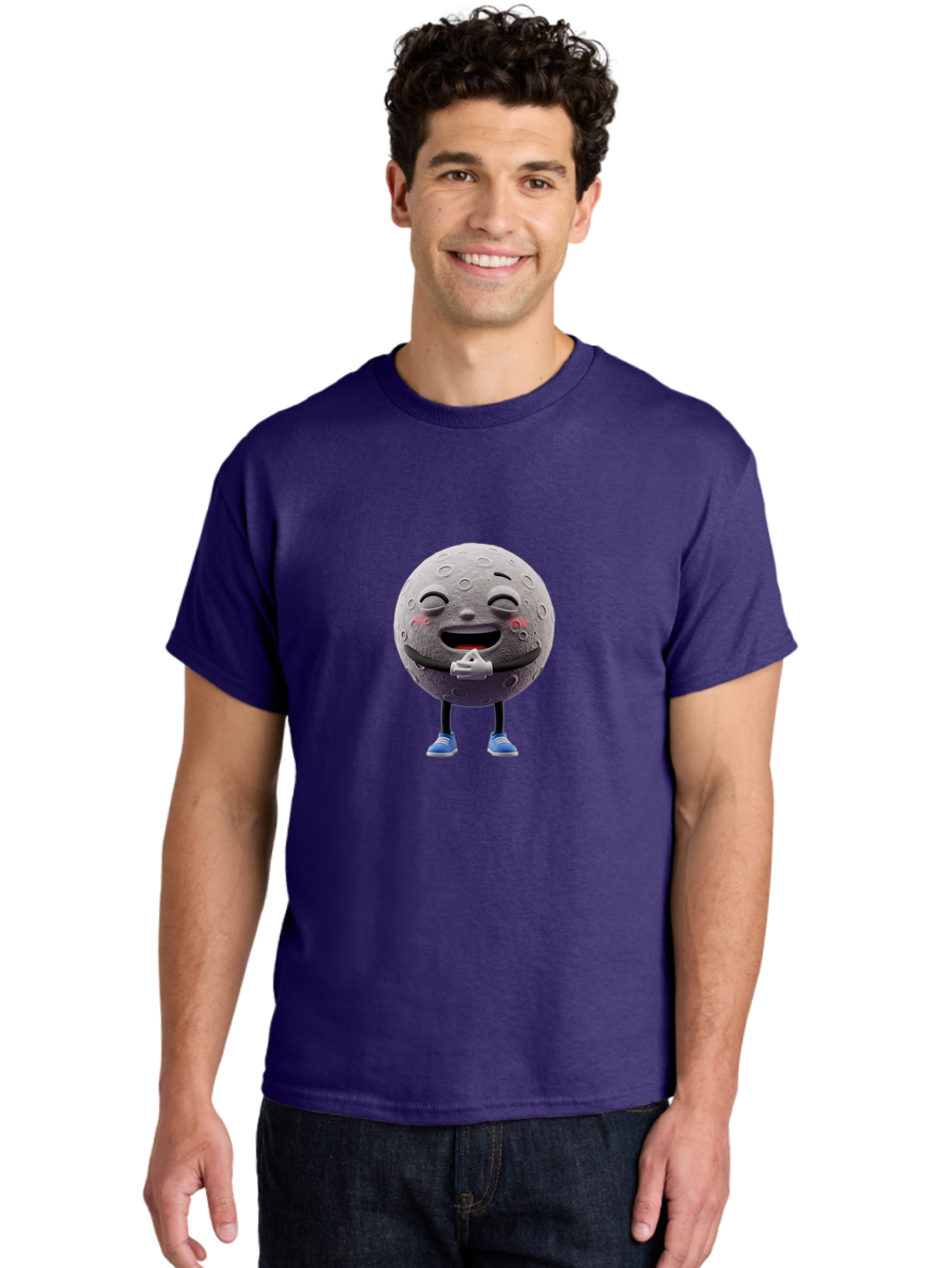 Moon-Character Men'S Graphic Tee, 100% Cotton, Comfortable Casual Summer Wear, Machine Washable, Cartoon Moon With Face, Smiling Moon Character, Moon With Legs, Blue Sneakers, Craters On Moon, Happy Expression, Anthropomorphic Moon, Bae231