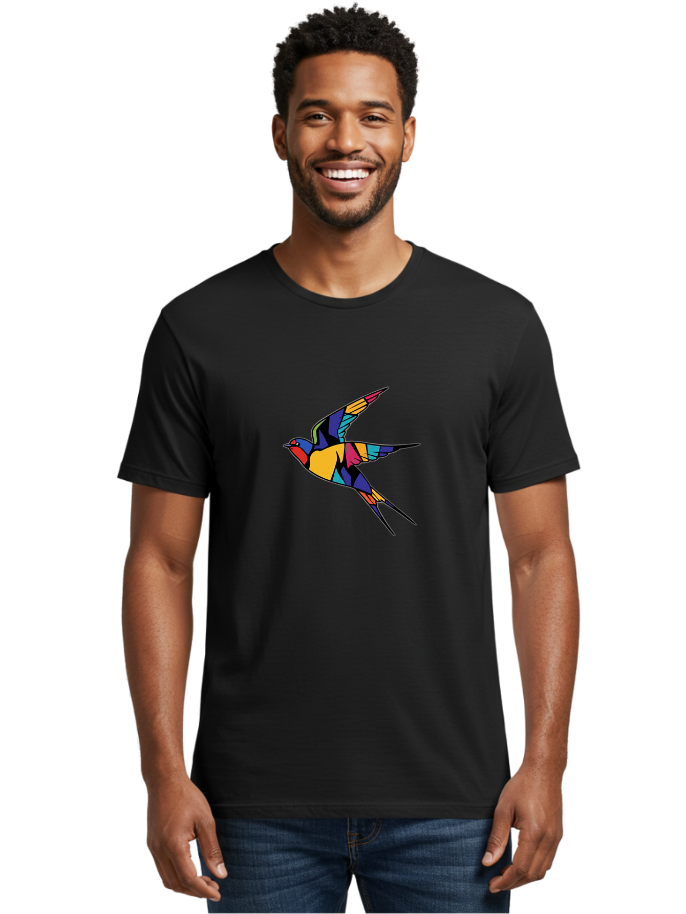 Multicolored-Bird Men'S Graphic Tee, 100% Cotton, Comfortable Casual Summer Wear, Machine Washable, Colorful Bird In Flight, Vibrant Bird Illustration, Geometric Bird Design, Multicolored Swallow, Bird In Mid-Air, Abstract Bird Art, Bae232