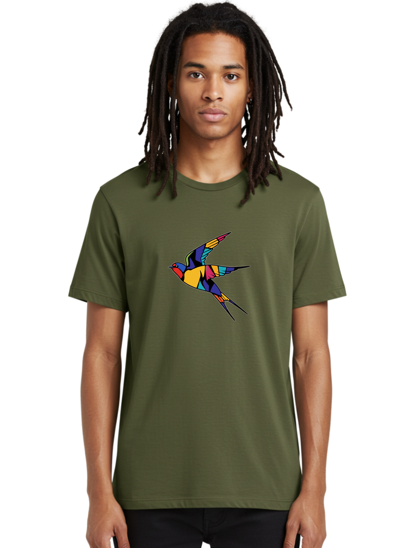 Multicolored-Bird Men'S Graphic Tee, 100% Cotton, Comfortable Casual Summer Wear, Machine Washable, Colorful Bird In Flight, Vibrant Bird Illustration, Geometric Bird Design, Multicolored Swallow, Bird In Mid-Air, Abstract Bird Art, Bae232