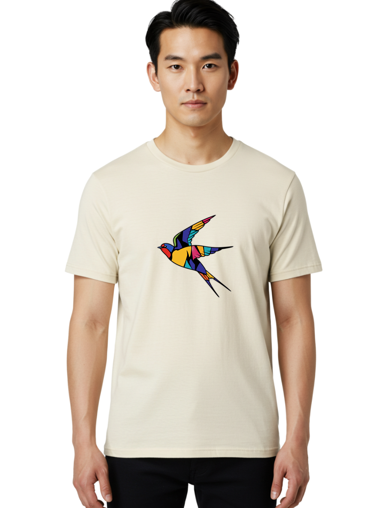 Multicolored-Bird Men'S Graphic Tee, 100% Cotton, Comfortable Casual Summer Wear, Machine Washable, Colorful Bird In Flight, Vibrant Bird Illustration, Geometric Bird Design, Multicolored Swallow, Bird In Mid-Air, Abstract Bird Art, Bae232
