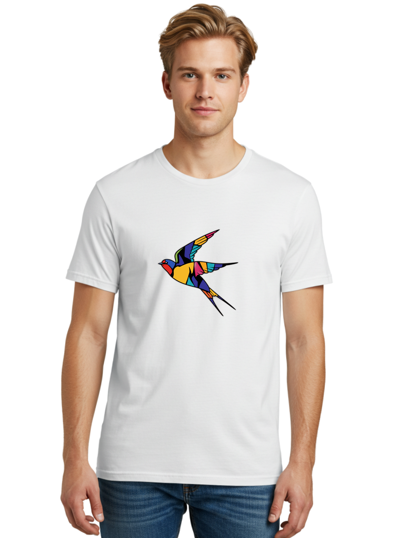 Multicolored-Bird Men'S Graphic Tee, 100% Cotton, Comfortable Casual Summer Wear, Machine Washable, Colorful Bird In Flight, Vibrant Bird Illustration, Geometric Bird Design, Multicolored Swallow, Bird In Mid-Air, Abstract Bird Art, Bae232