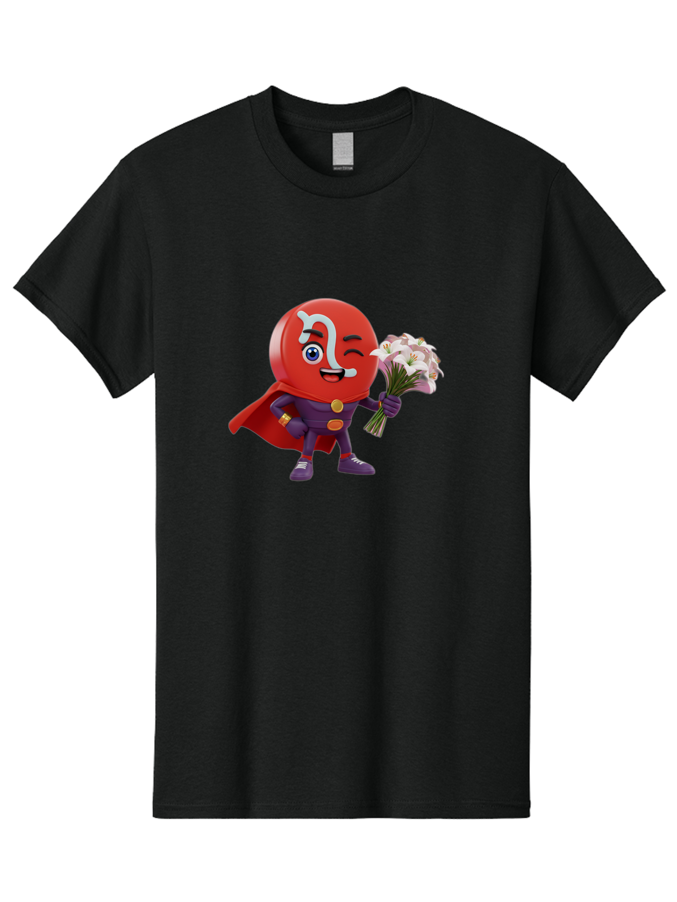 N-Capsule Men'S Graphic Tee, 100% Cotton, Comfortable Casual Summer Wear, Machine Washable, Momo Character, Cartoon Style, Happy Expression, Holding Flowers, Superhero Costume, Cape, Purple Outfit, Red Mask, Cute Face, Playful Vibe, Bae233