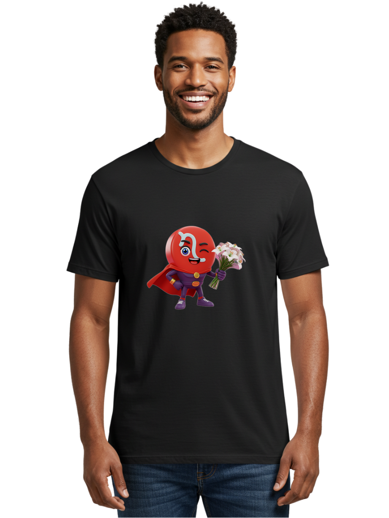 N-Capsule Men'S Graphic Tee, 100% Cotton, Comfortable Casual Summer Wear, Machine Washable, Momo Character, Cartoon Style, Happy Expression, Holding Flowers, Superhero Costume, Cape, Purple Outfit, Red Mask, Cute Face, Playful Vibe, Bae233