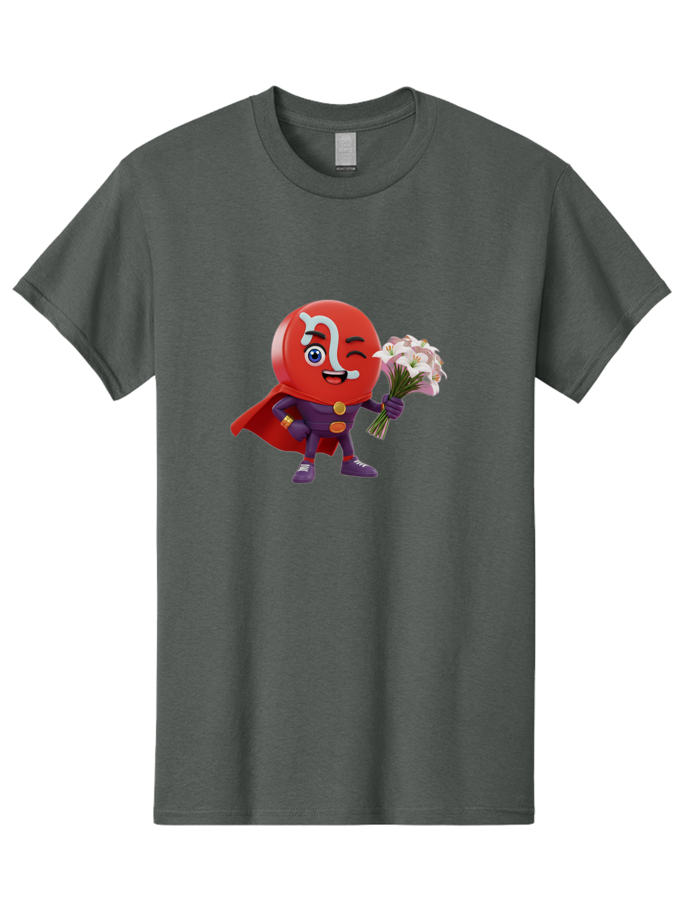 N-Capsule Men'S Graphic Tee, 100% Cotton, Comfortable Casual Summer Wear, Machine Washable, Momo Character, Cartoon Style, Happy Expression, Holding Flowers, Superhero Costume, Cape, Purple Outfit, Red Mask, Cute Face, Playful Vibe, Bae233