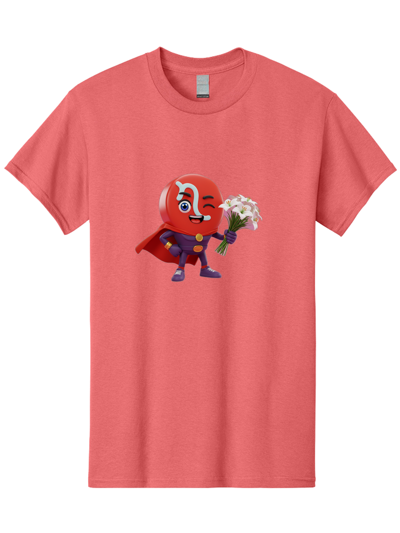 N-Capsule Men'S Graphic Tee, 100% Cotton, Comfortable Casual Summer Wear, Machine Washable, Momo Character, Cartoon Style, Happy Expression, Holding Flowers, Superhero Costume, Cape, Purple Outfit, Red Mask, Cute Face, Playful Vibe, Bae233