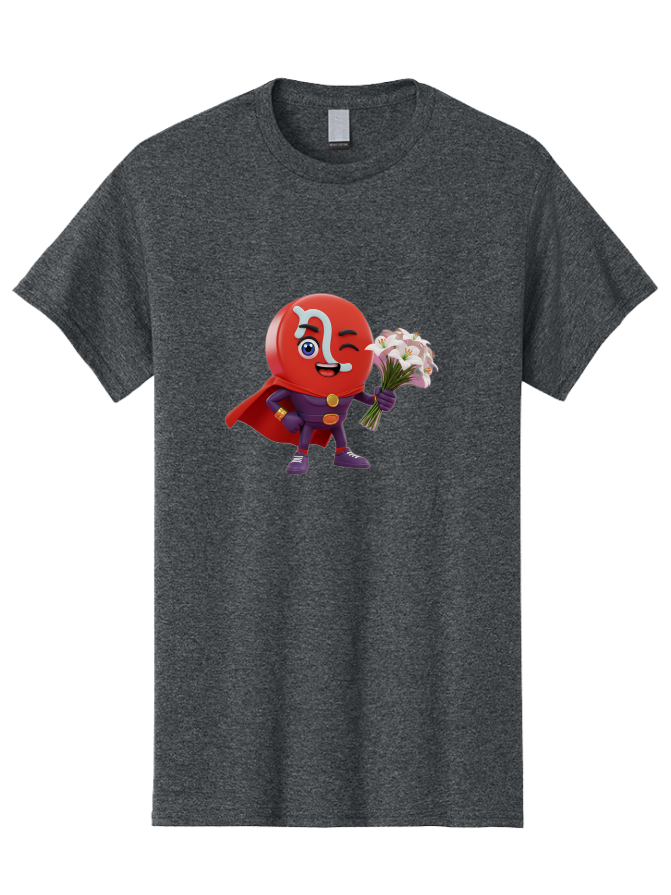 N-Capsule Men'S Graphic Tee, 100% Cotton, Comfortable Casual Summer Wear, Machine Washable, Momo Character, Cartoon Style, Happy Expression, Holding Flowers, Superhero Costume, Cape, Purple Outfit, Red Mask, Cute Face, Playful Vibe, Bae233