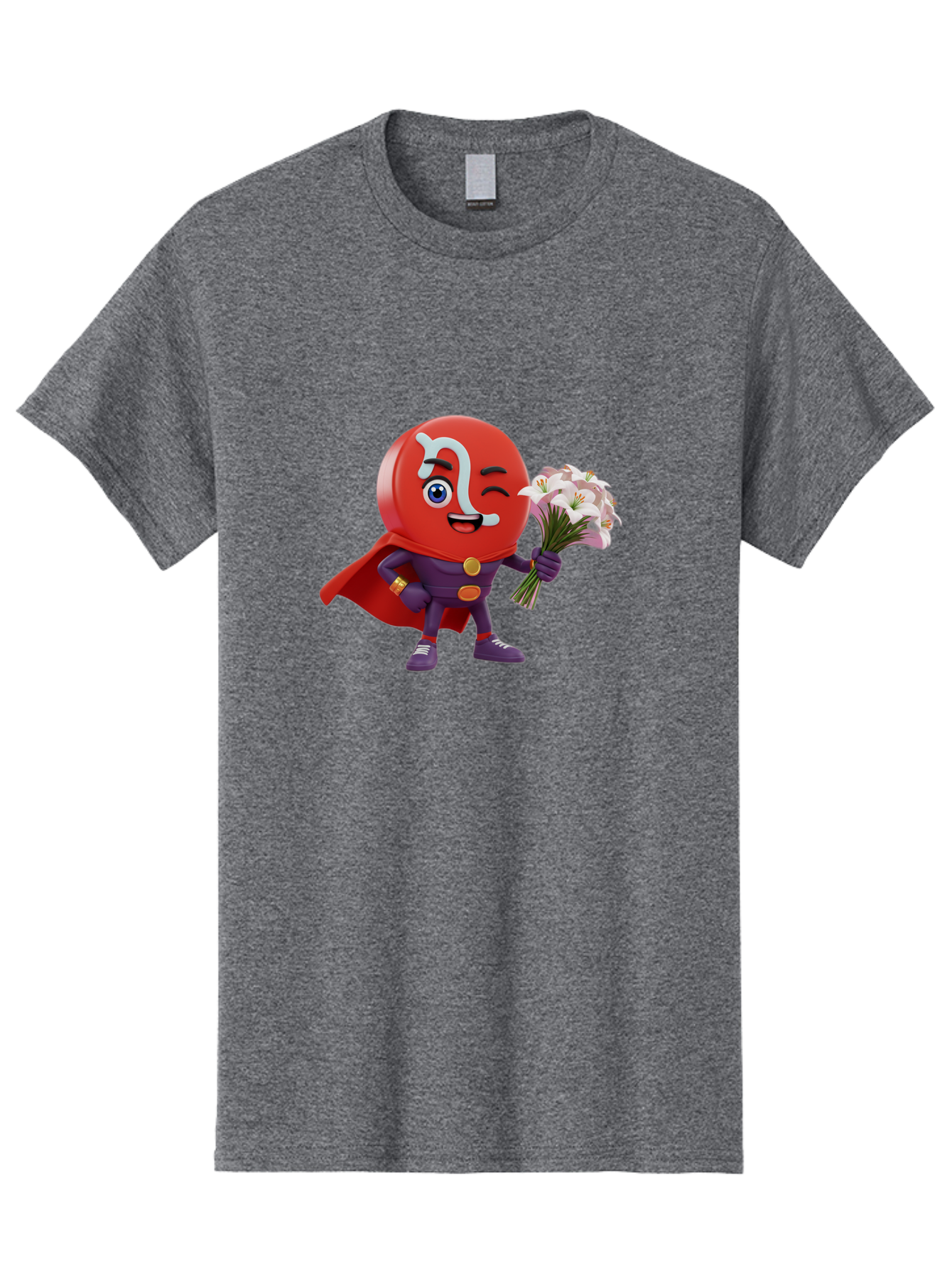 N-Capsule Men'S Graphic Tee, 100% Cotton, Comfortable Casual Summer Wear, Machine Washable, Momo Character, Cartoon Style, Happy Expression, Holding Flowers, Superhero Costume, Cape, Purple Outfit, Red Mask, Cute Face, Playful Vibe, Bae233