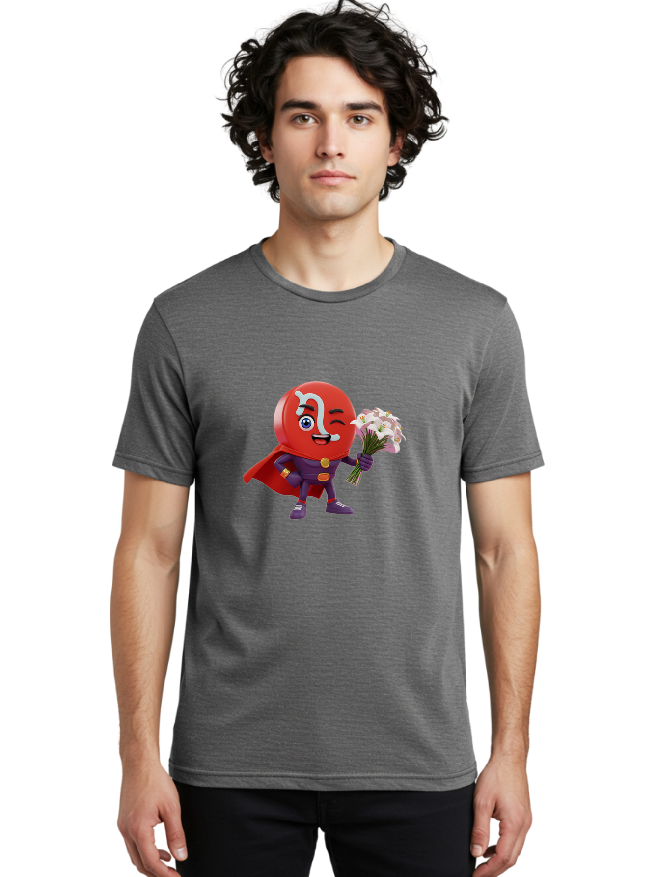 N-Capsule Men'S Graphic Tee, 100% Cotton, Comfortable Casual Summer Wear, Machine Washable, Momo Character, Cartoon Style, Happy Expression, Holding Flowers, Superhero Costume, Cape, Purple Outfit, Red Mask, Cute Face, Playful Vibe, Bae233