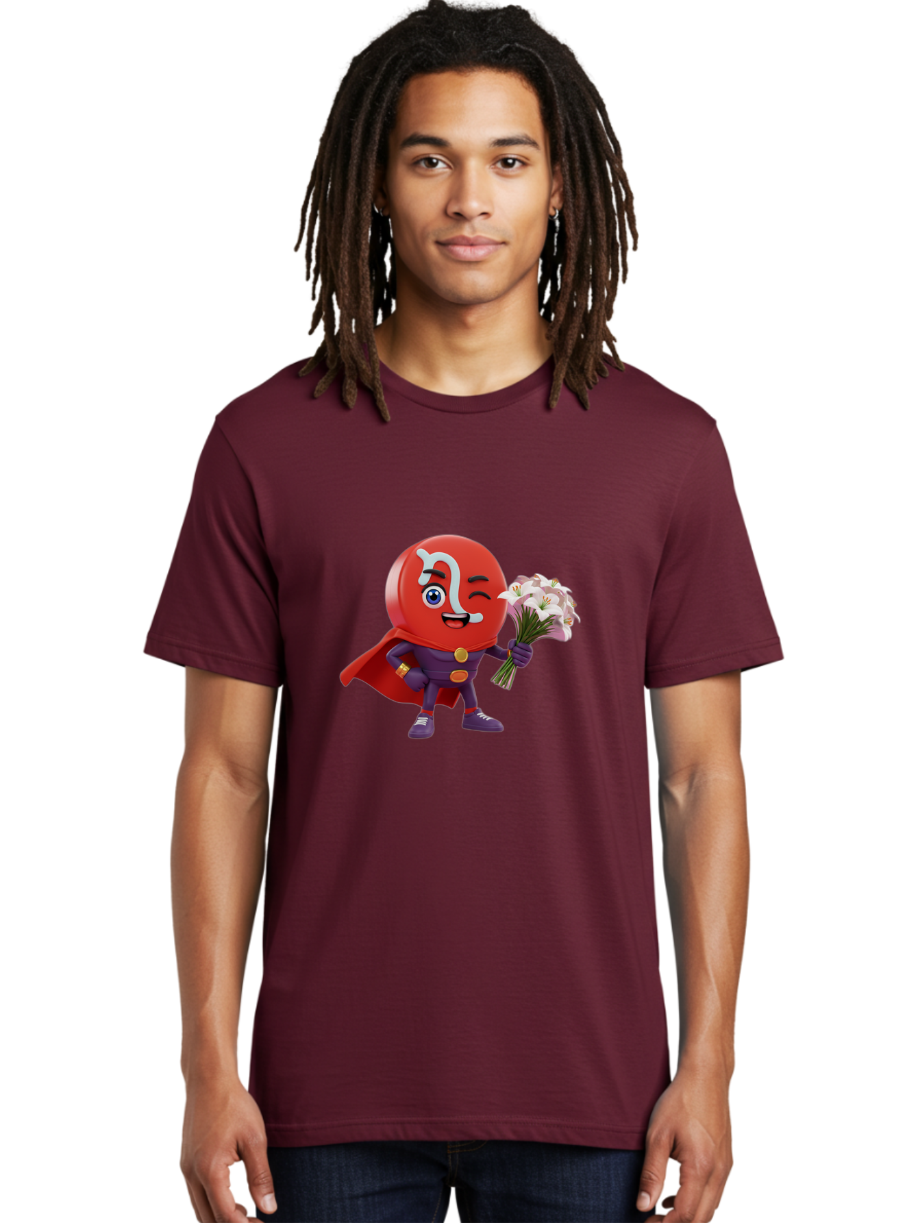 N-Capsule Men'S Graphic Tee, 100% Cotton, Comfortable Casual Summer Wear, Machine Washable, Momo Character, Cartoon Style, Happy Expression, Holding Flowers, Superhero Costume, Cape, Purple Outfit, Red Mask, Cute Face, Playful Vibe, Bae233