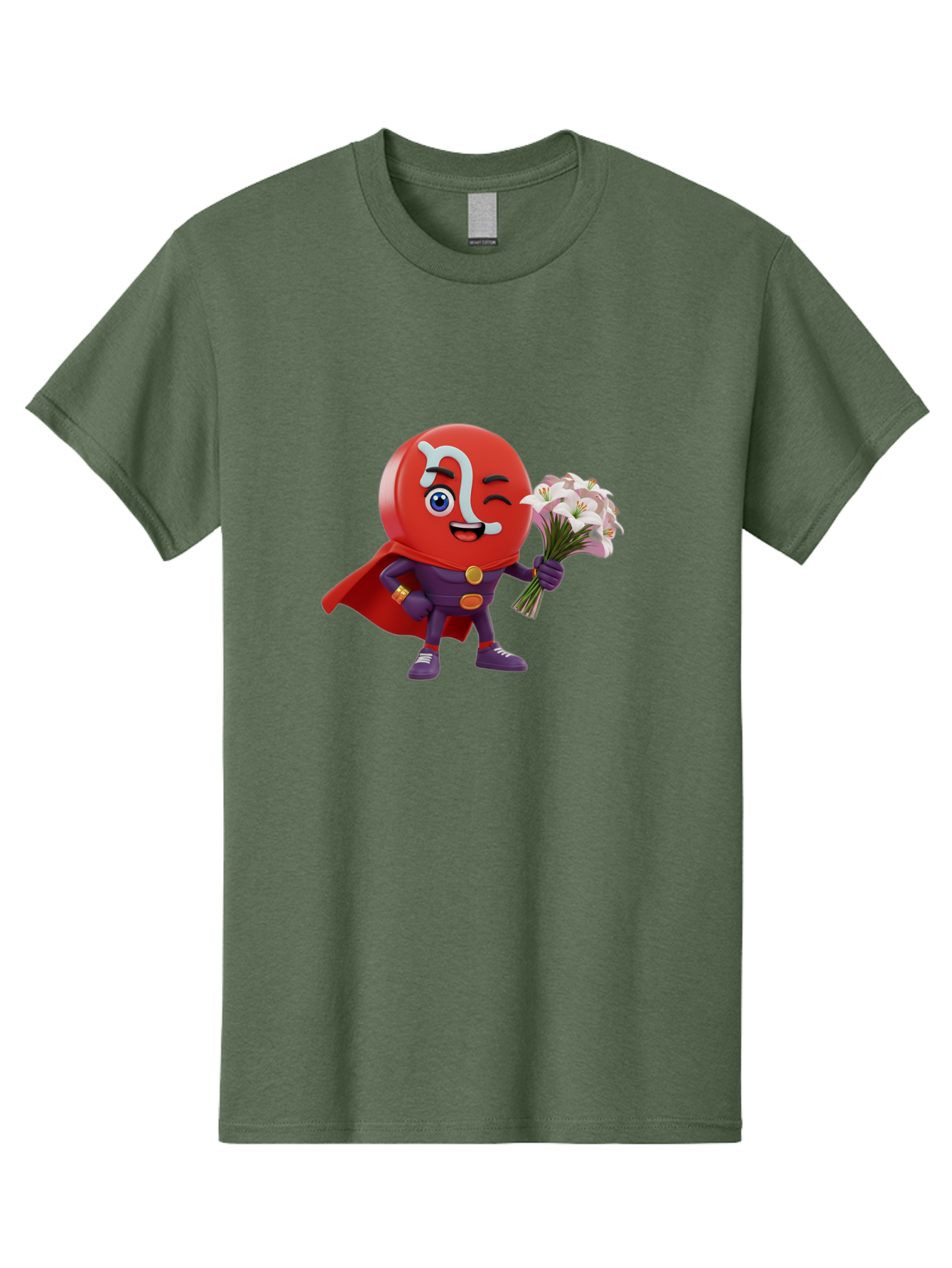 N-Capsule Men'S Graphic Tee, 100% Cotton, Comfortable Casual Summer Wear, Machine Washable, Momo Character, Cartoon Style, Happy Expression, Holding Flowers, Superhero Costume, Cape, Purple Outfit, Red Mask, Cute Face, Playful Vibe, Bae233