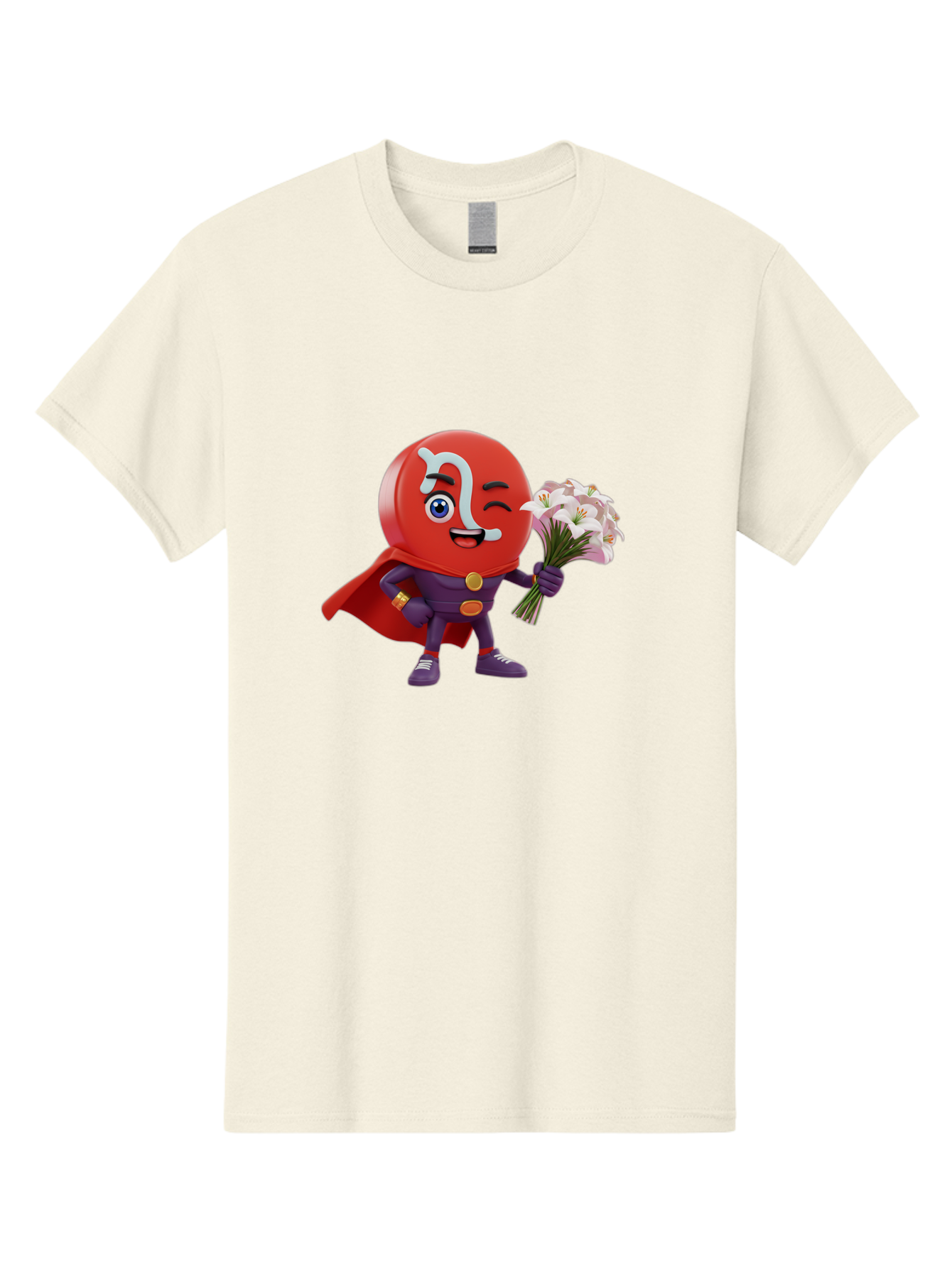 N-Capsule Men'S Graphic Tee, 100% Cotton, Comfortable Casual Summer Wear, Machine Washable, Momo Character, Cartoon Style, Happy Expression, Holding Flowers, Superhero Costume, Cape, Purple Outfit, Red Mask, Cute Face, Playful Vibe, Bae233