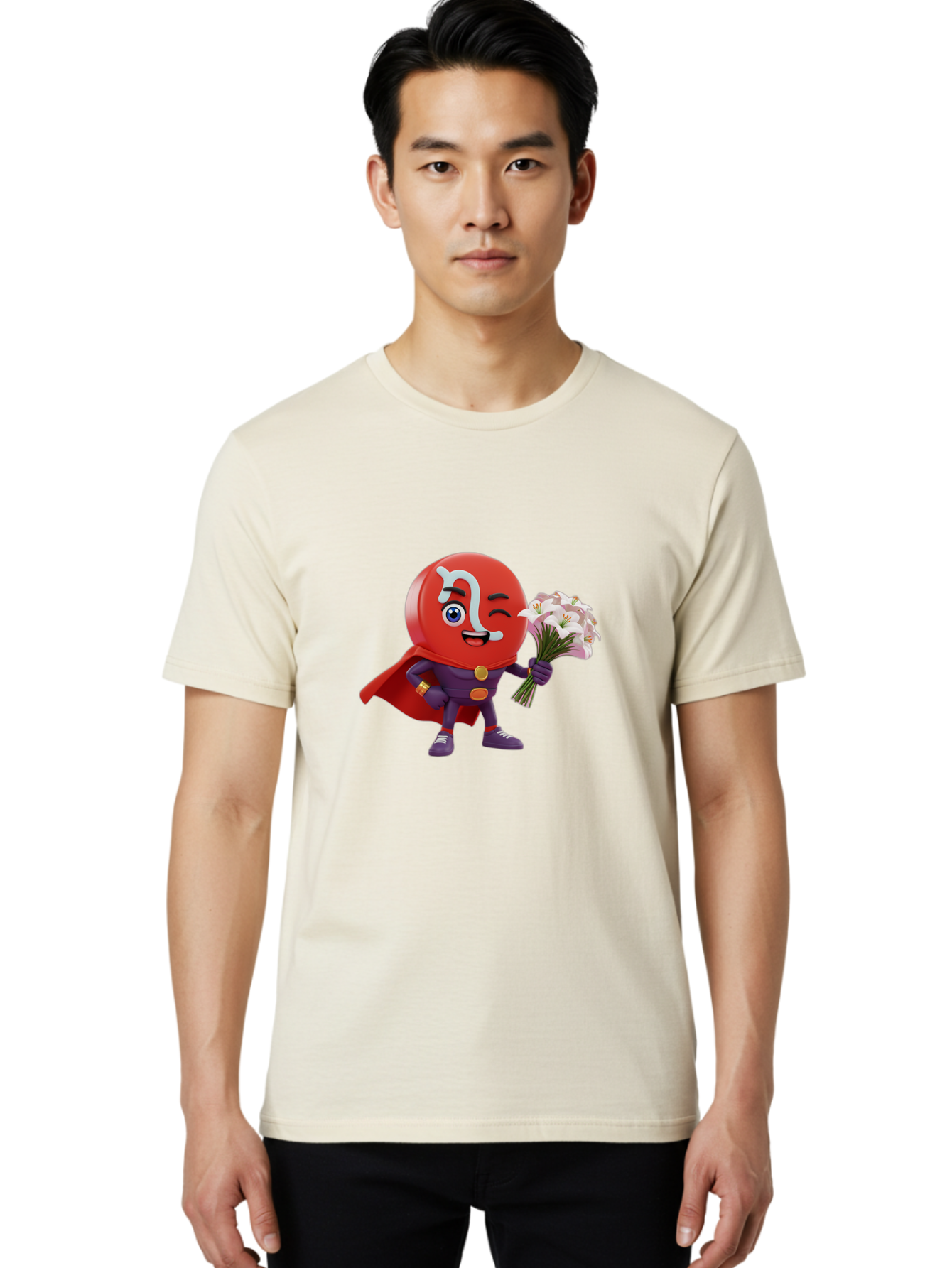 N-Capsule Men'S Graphic Tee, 100% Cotton, Comfortable Casual Summer Wear, Machine Washable, Momo Character, Cartoon Style, Happy Expression, Holding Flowers, Superhero Costume, Cape, Purple Outfit, Red Mask, Cute Face, Playful Vibe, Bae233