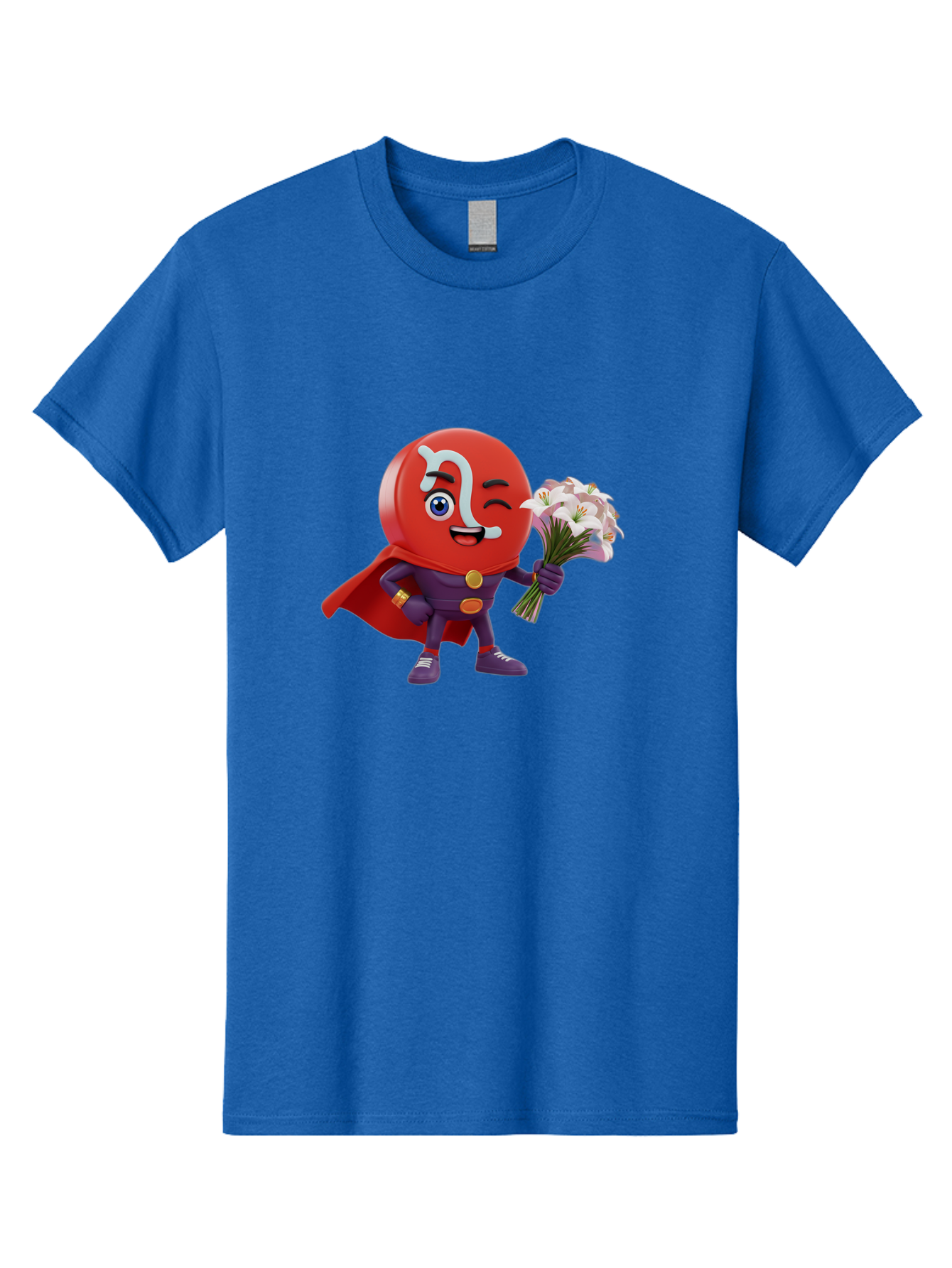 N-Capsule Men'S Graphic Tee, 100% Cotton, Comfortable Casual Summer Wear, Machine Washable, Momo Character, Cartoon Style, Happy Expression, Holding Flowers, Superhero Costume, Cape, Purple Outfit, Red Mask, Cute Face, Playful Vibe, Bae233