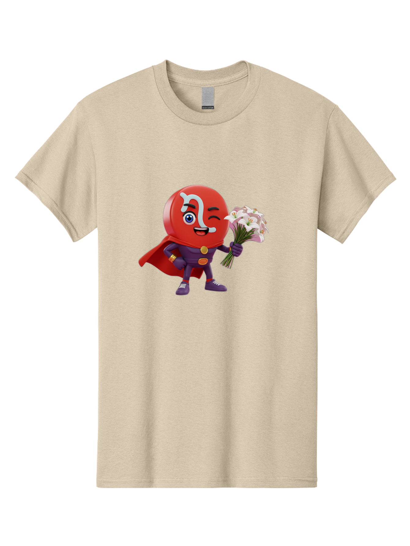 N-Capsule Men'S Graphic Tee, 100% Cotton, Comfortable Casual Summer Wear, Machine Washable, Momo Character, Cartoon Style, Happy Expression, Holding Flowers, Superhero Costume, Cape, Purple Outfit, Red Mask, Cute Face, Playful Vibe, Bae233