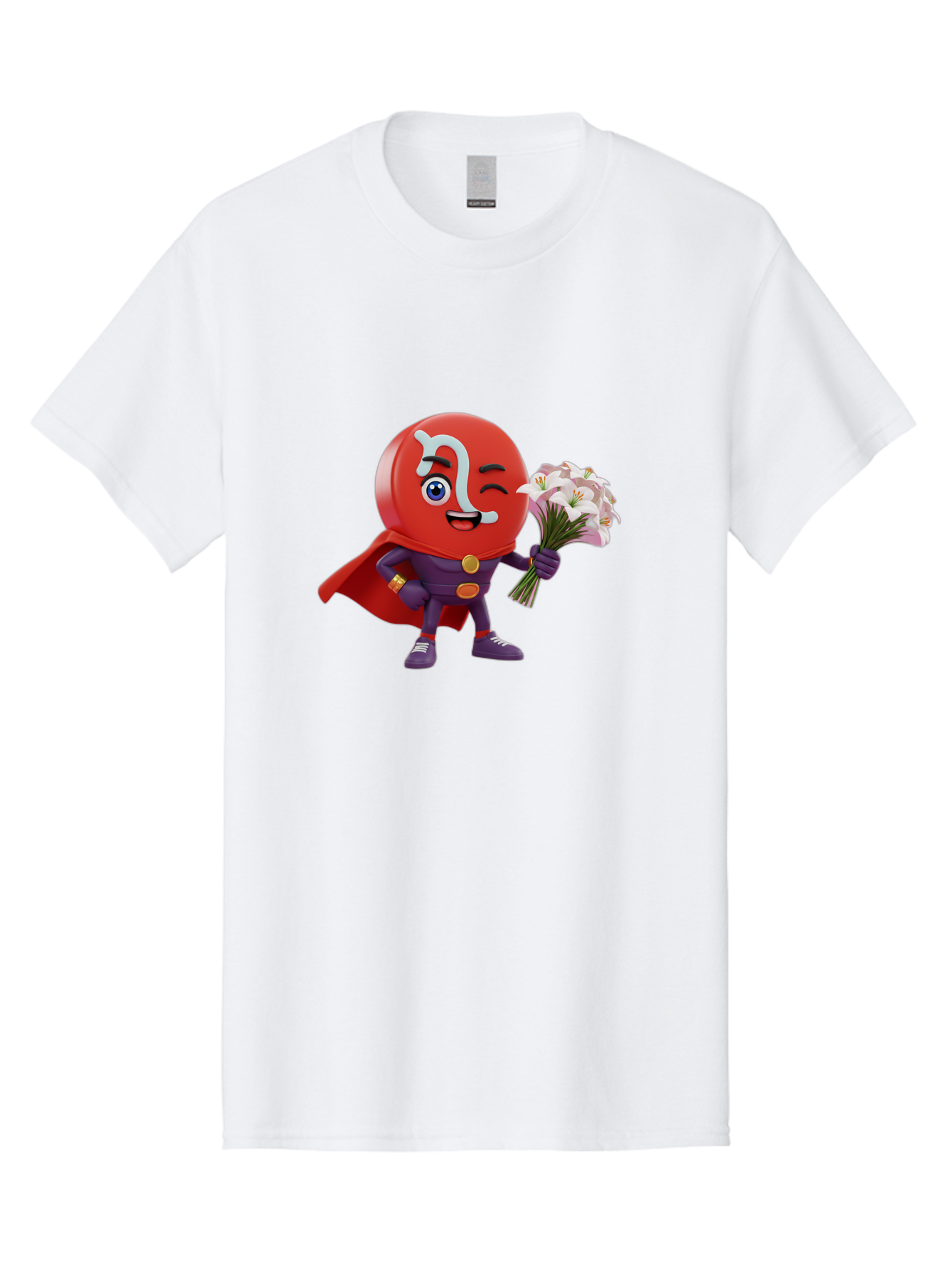 N-Capsule Men'S Graphic Tee, 100% Cotton, Comfortable Casual Summer Wear, Machine Washable, Momo Character, Cartoon Style, Happy Expression, Holding Flowers, Superhero Costume, Cape, Purple Outfit, Red Mask, Cute Face, Playful Vibe, Bae233