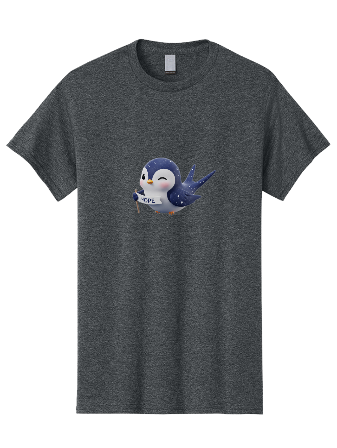 Penguin-With-Hope-Sign Men'S Graphic Tee, 100% Cotton, Comfortable Casual Summer Wear, Machine Washable, Cartoon Penguin, Starry Night Sky, Inspirational Message, Hope Symbol, Cute Animal, Positivity, Peaceful Atmosphere, Closed Eyes, Bae234