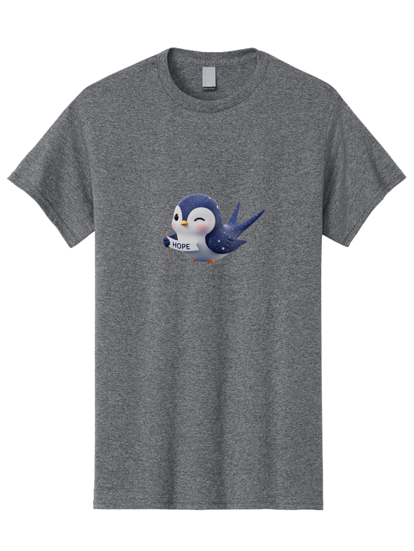 Penguin-With-Hope-Sign Men'S Graphic Tee, 100% Cotton, Comfortable Casual Summer Wear, Machine Washable, Cartoon Penguin, Starry Night Sky, Inspirational Message, Hope Symbol, Cute Animal, Positivity, Peaceful Atmosphere, Closed Eyes, Bae234