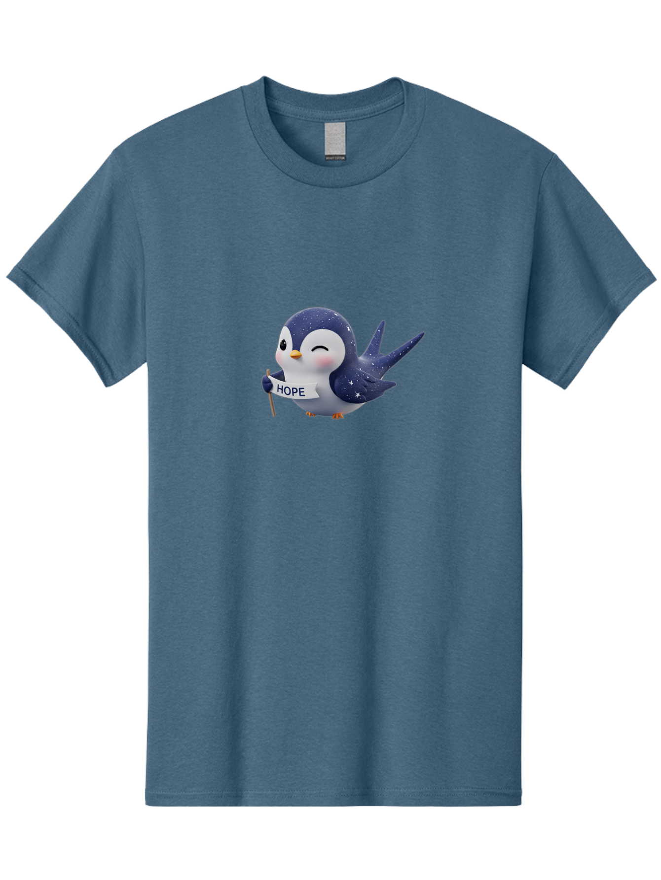 Penguin-With-Hope-Sign Men'S Graphic Tee, 100% Cotton, Comfortable Casual Summer Wear, Machine Washable, Cartoon Penguin, Starry Night Sky, Inspirational Message, Hope Symbol, Cute Animal, Positivity, Peaceful Atmosphere, Closed Eyes, Bae234