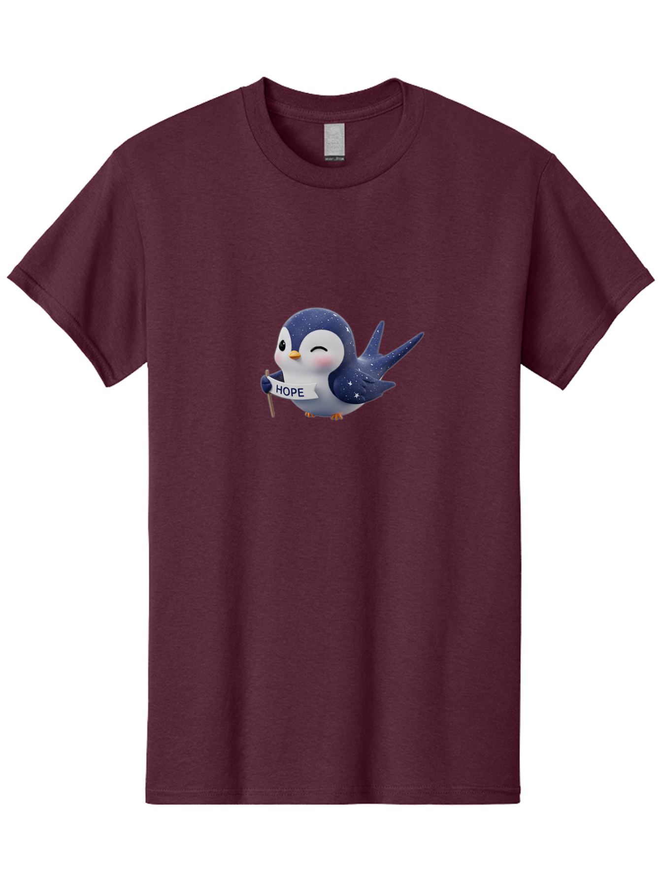Penguin-With-Hope-Sign Men'S Graphic Tee, 100% Cotton, Comfortable Casual Summer Wear, Machine Washable, Cartoon Penguin, Starry Night Sky, Inspirational Message, Hope Symbol, Cute Animal, Positivity, Peaceful Atmosphere, Closed Eyes, Bae234