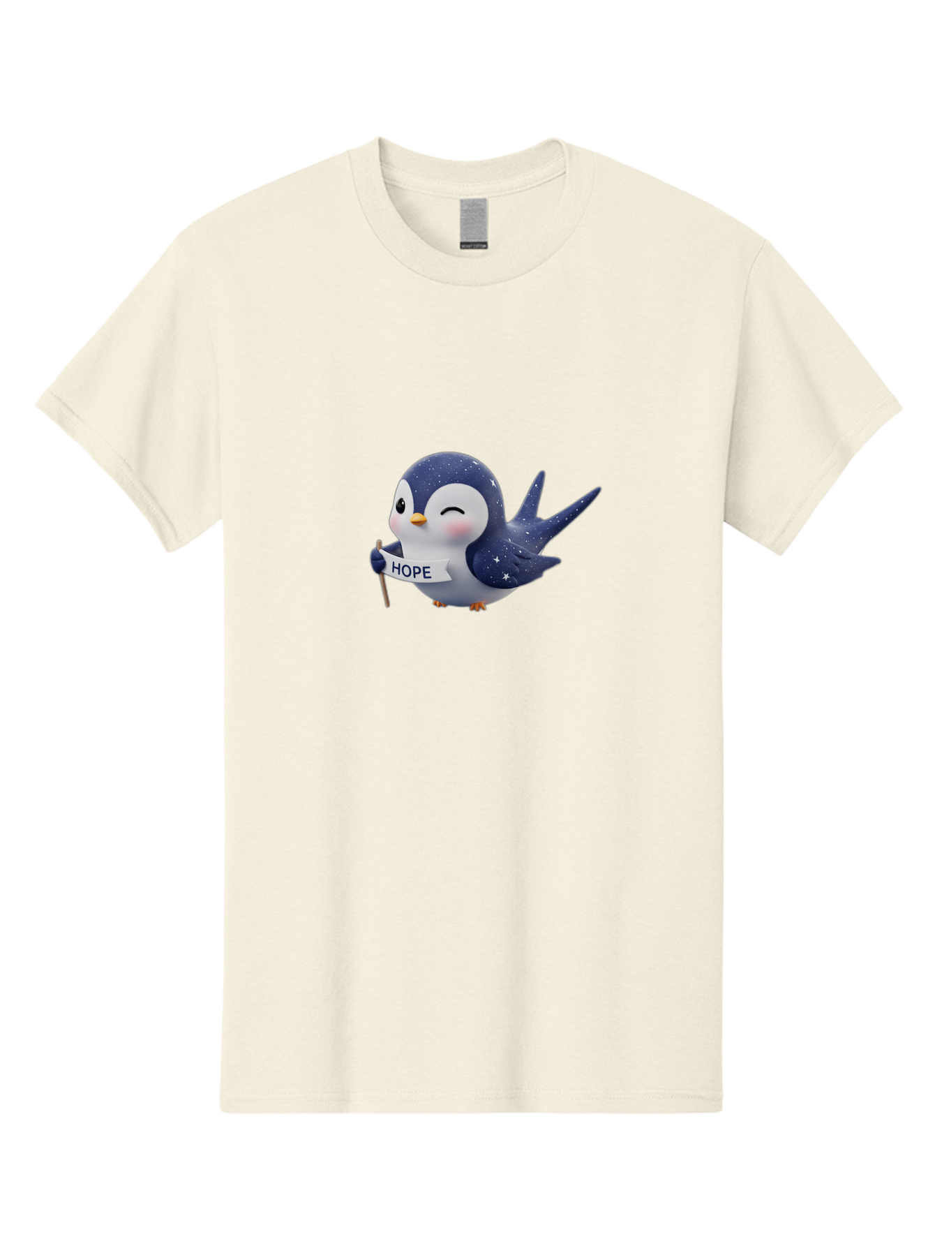 Penguin-With-Hope-Sign Men'S Graphic Tee, 100% Cotton, Comfortable Casual Summer Wear, Machine Washable, Cartoon Penguin, Starry Night Sky, Inspirational Message, Hope Symbol, Cute Animal, Positivity, Peaceful Atmosphere, Closed Eyes, Bae234