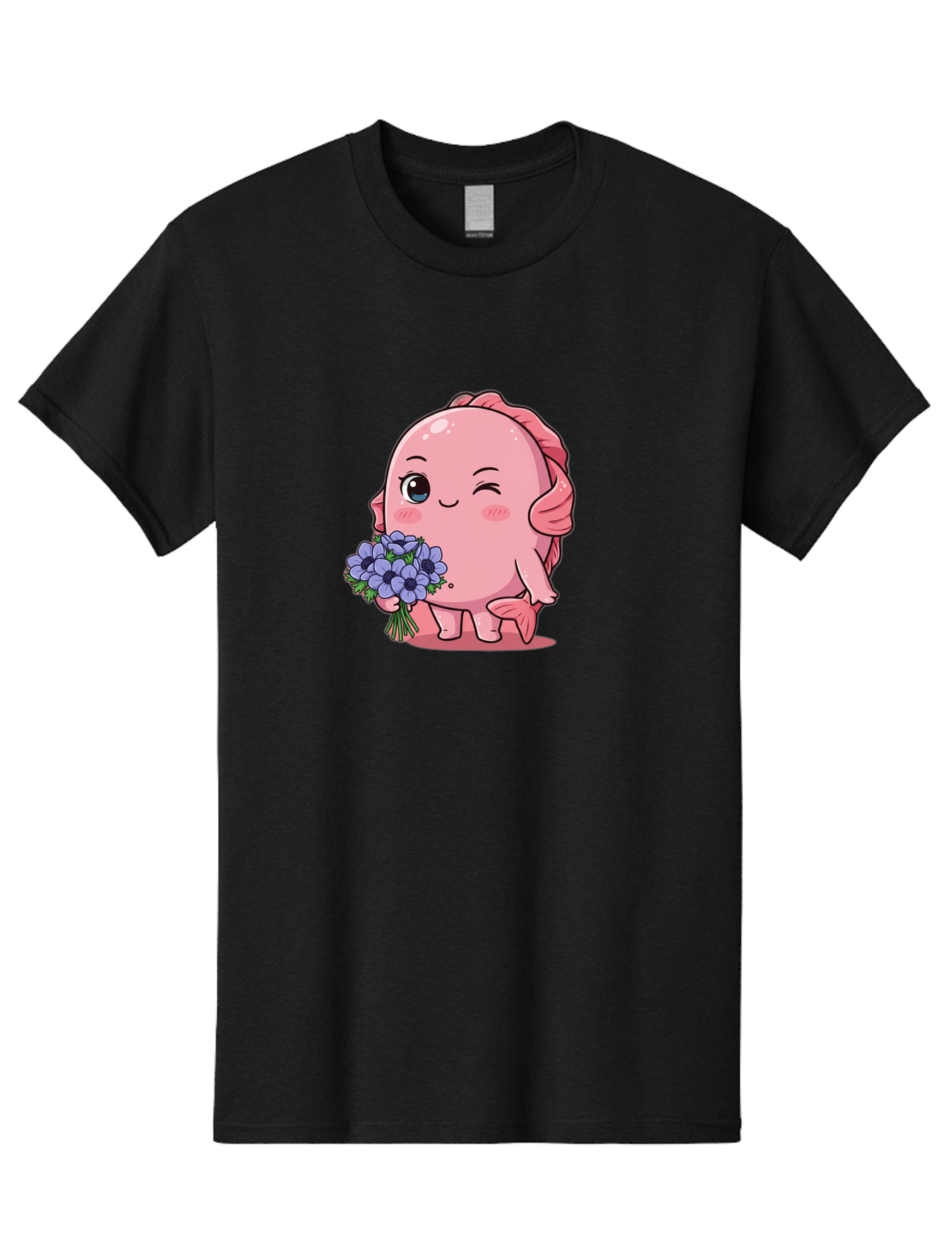 Pink-Axolotl Men'S Graphic Tee, 100% Cotton, Comfortable Casual Summer Wear, Machine Washable, Cartoon Axolotl, Pink Creature, Smiling Animal, Holding Flowers, Blue Blooms, Kawaii Character, Cute Illustration, Adorable Amphibian, Whimsical Art Bae235