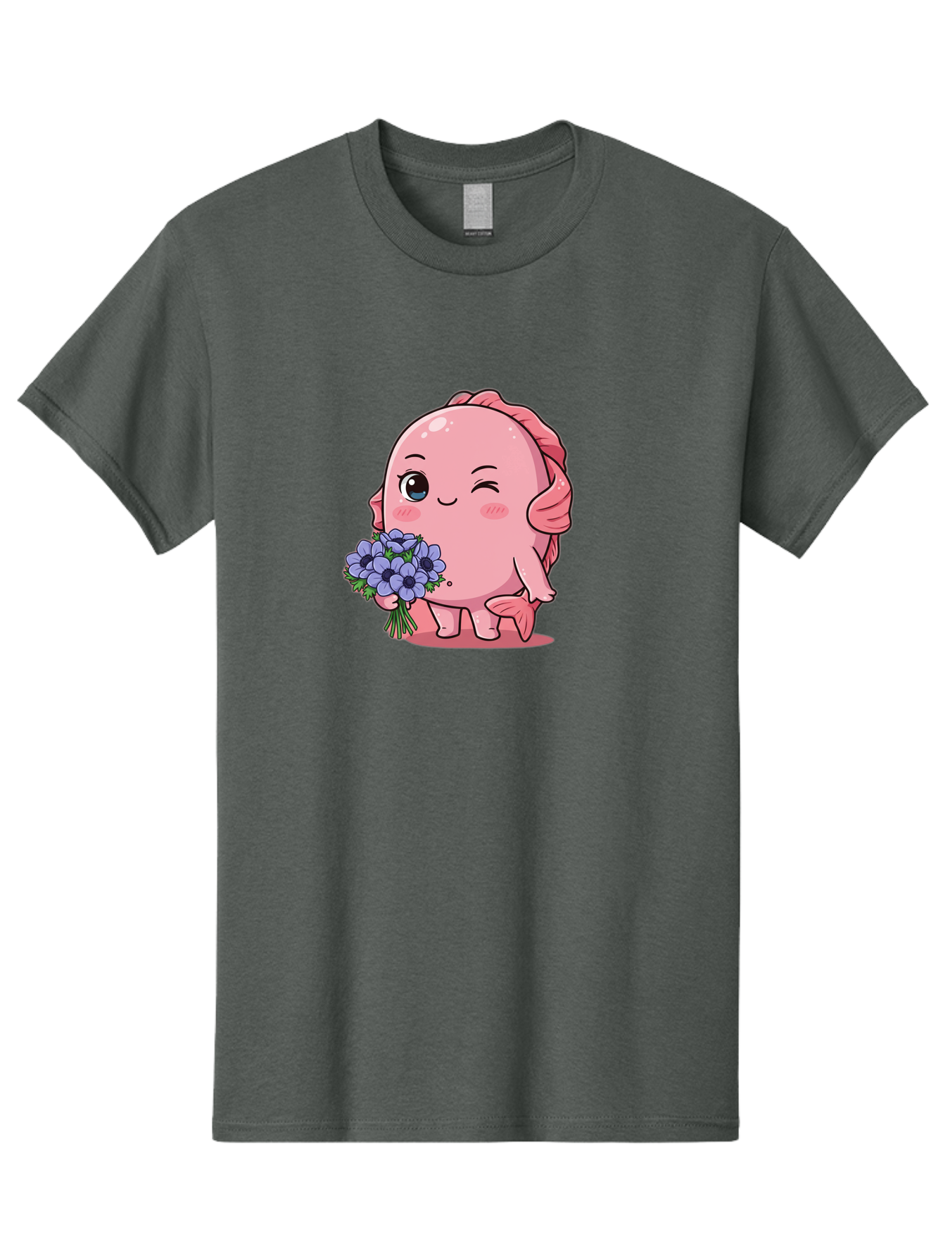 Pink-Axolotl Men'S Graphic Tee, 100% Cotton, Comfortable Casual Summer Wear, Machine Washable, Cartoon Axolotl, Pink Creature, Smiling Animal, Holding Flowers, Blue Blooms, Kawaii Character, Cute Illustration, Adorable Amphibian, Whimsical Art Bae235