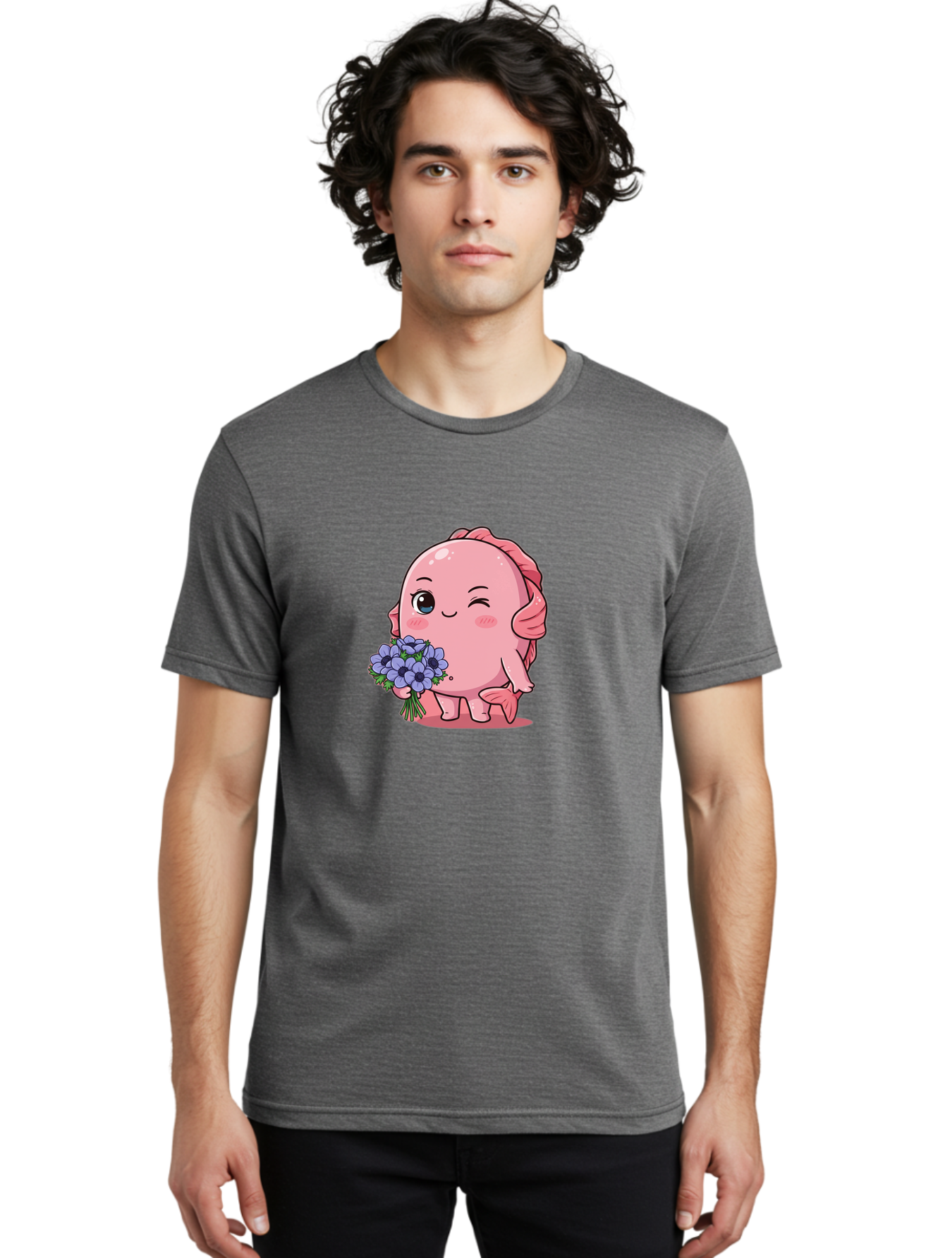 Pink-Axolotl Men'S Graphic Tee, 100% Cotton, Comfortable Casual Summer Wear, Machine Washable, Cartoon Axolotl, Pink Creature, Smiling Animal, Holding Flowers, Blue Blooms, Kawaii Character, Cute Illustration, Adorable Amphibian, Whimsical Art Bae235