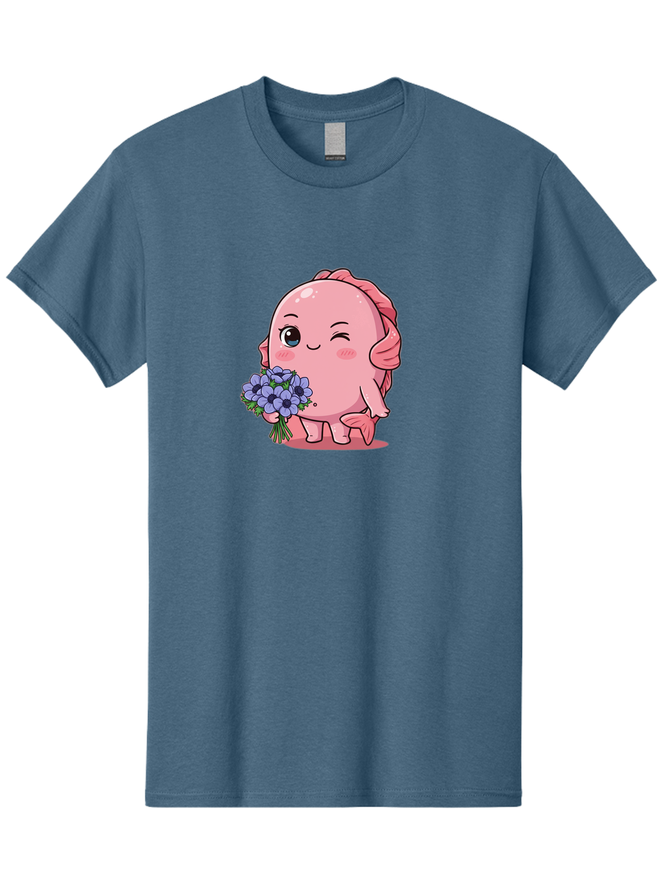 Pink-Axolotl Men'S Graphic Tee, 100% Cotton, Comfortable Casual Summer Wear, Machine Washable, Cartoon Axolotl, Pink Creature, Smiling Animal, Holding Flowers, Blue Blooms, Kawaii Character, Cute Illustration, Adorable Amphibian, Whimsical Art Bae235