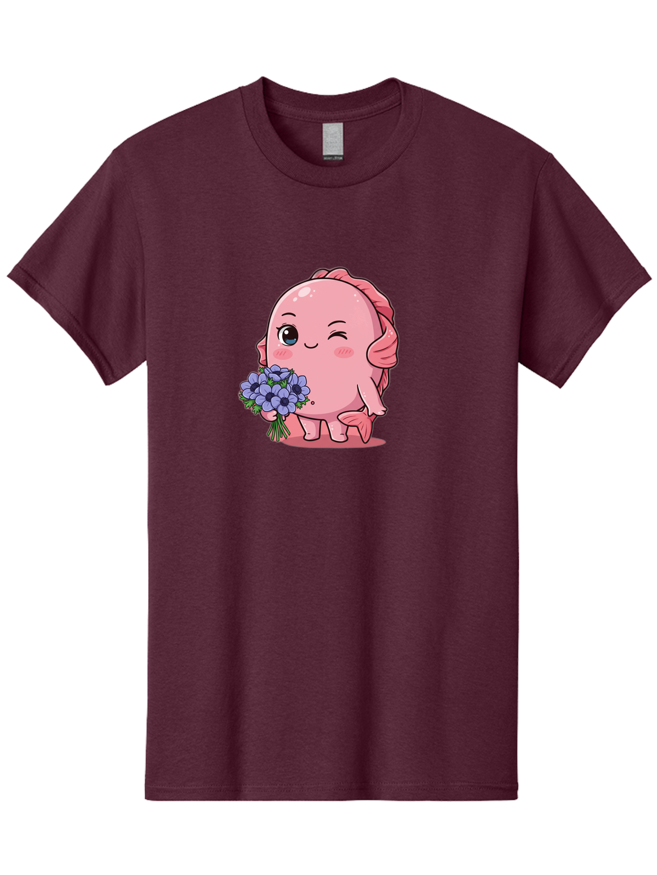 Pink-Axolotl Men'S Graphic Tee, 100% Cotton, Comfortable Casual Summer Wear, Machine Washable, Cartoon Axolotl, Pink Creature, Smiling Animal, Holding Flowers, Blue Blooms, Kawaii Character, Cute Illustration, Adorable Amphibian, Whimsical Art Bae235