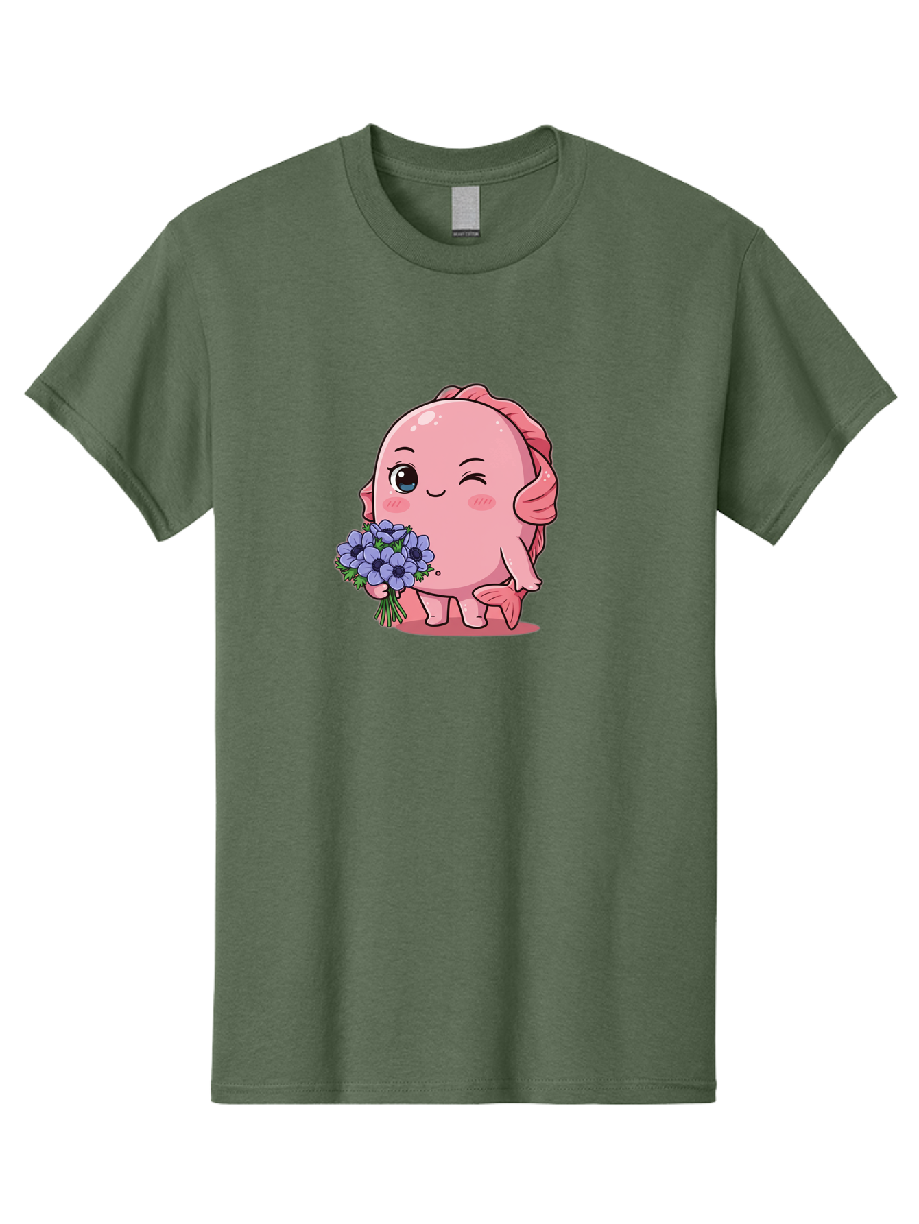 Pink-Axolotl Men'S Graphic Tee, 100% Cotton, Comfortable Casual Summer Wear, Machine Washable, Cartoon Axolotl, Pink Creature, Smiling Animal, Holding Flowers, Blue Blooms, Kawaii Character, Cute Illustration, Adorable Amphibian, Whimsical Art Bae235