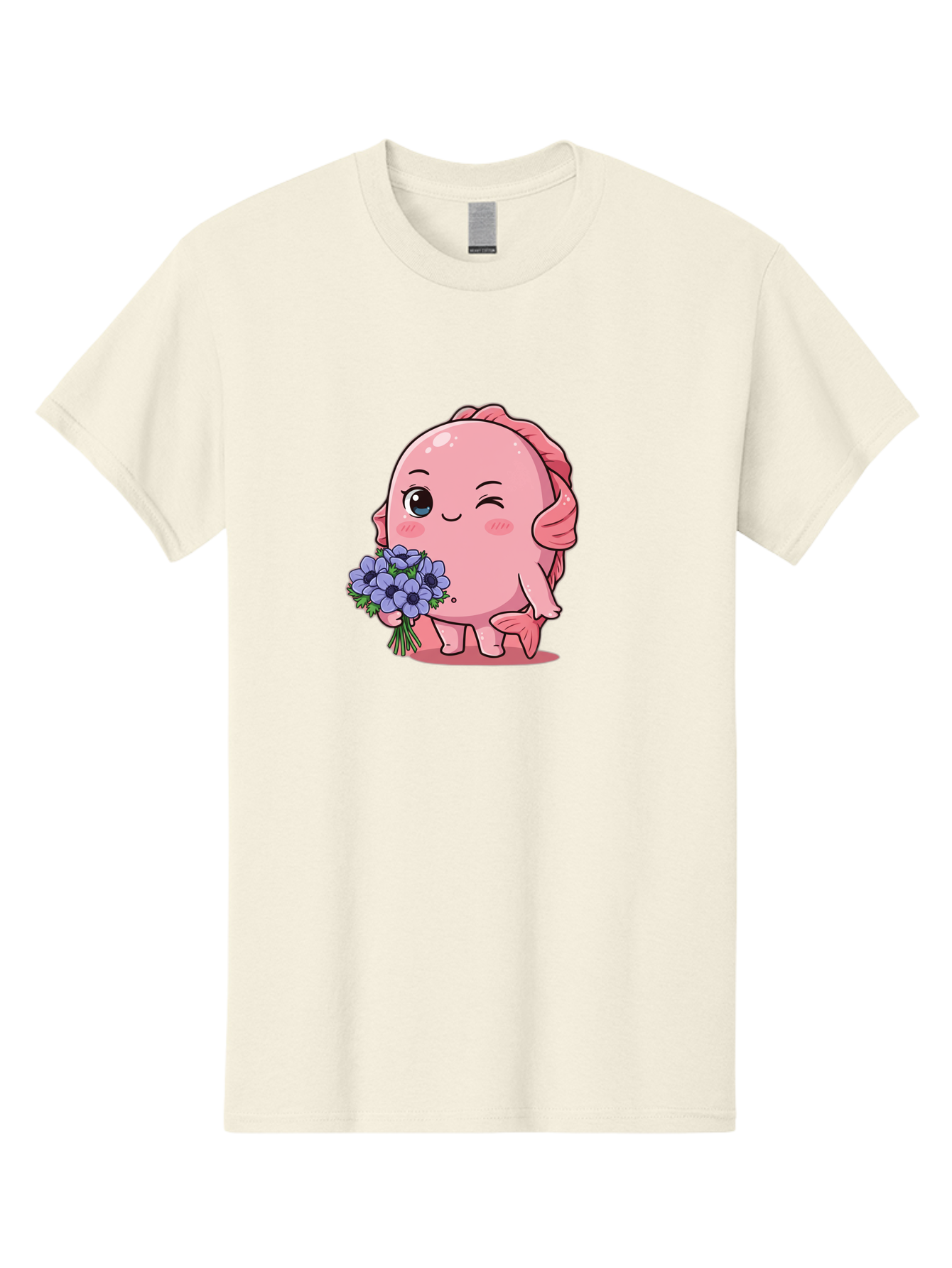 Pink-Axolotl Men'S Graphic Tee, 100% Cotton, Comfortable Casual Summer Wear, Machine Washable, Cartoon Axolotl, Pink Creature, Smiling Animal, Holding Flowers, Blue Blooms, Kawaii Character, Cute Illustration, Adorable Amphibian, Whimsical Art Bae235