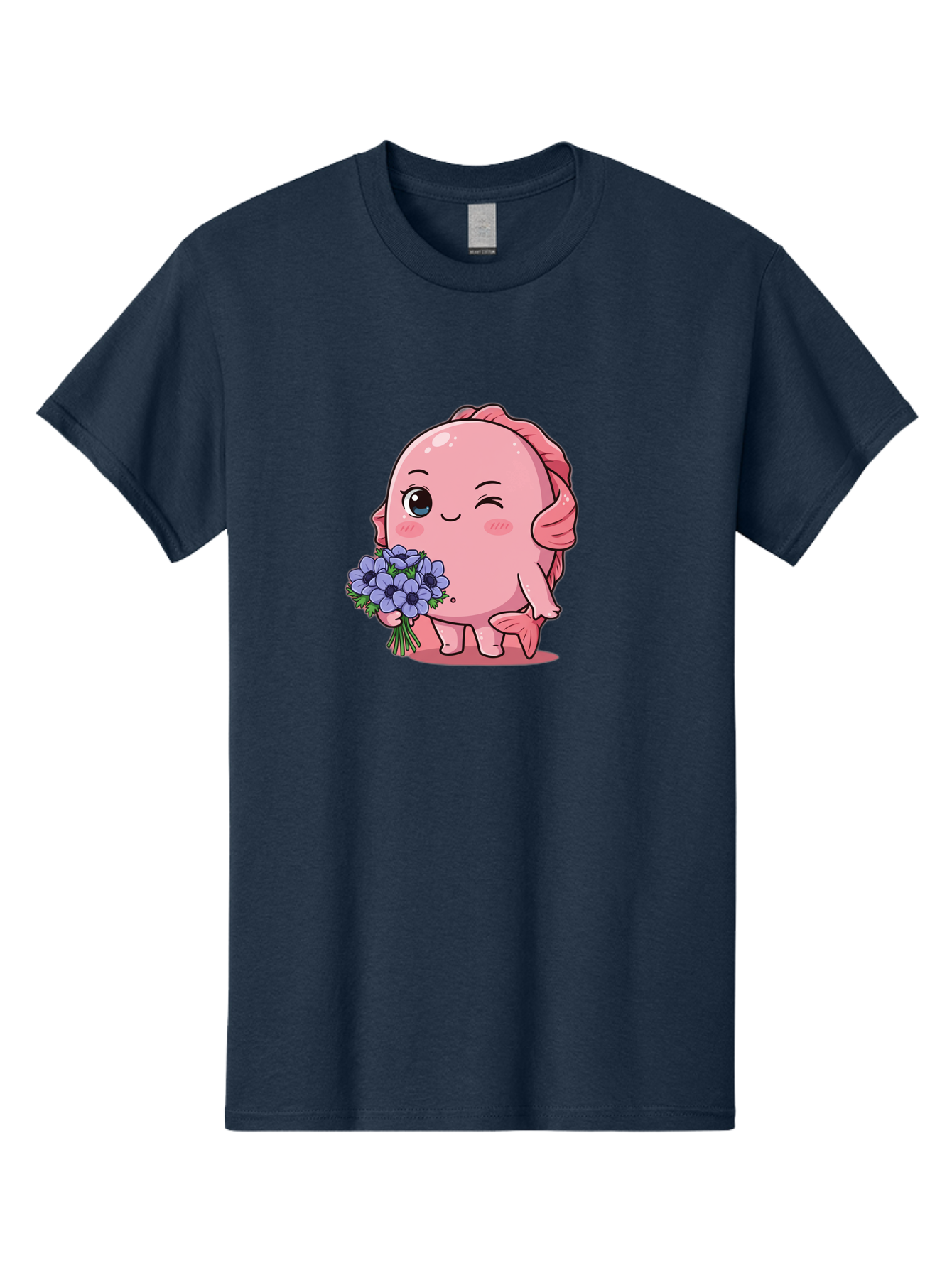 Pink-Axolotl Men'S Graphic Tee, 100% Cotton, Comfortable Casual Summer Wear, Machine Washable, Cartoon Axolotl, Pink Creature, Smiling Animal, Holding Flowers, Blue Blooms, Kawaii Character, Cute Illustration, Adorable Amphibian, Whimsical Art Bae235