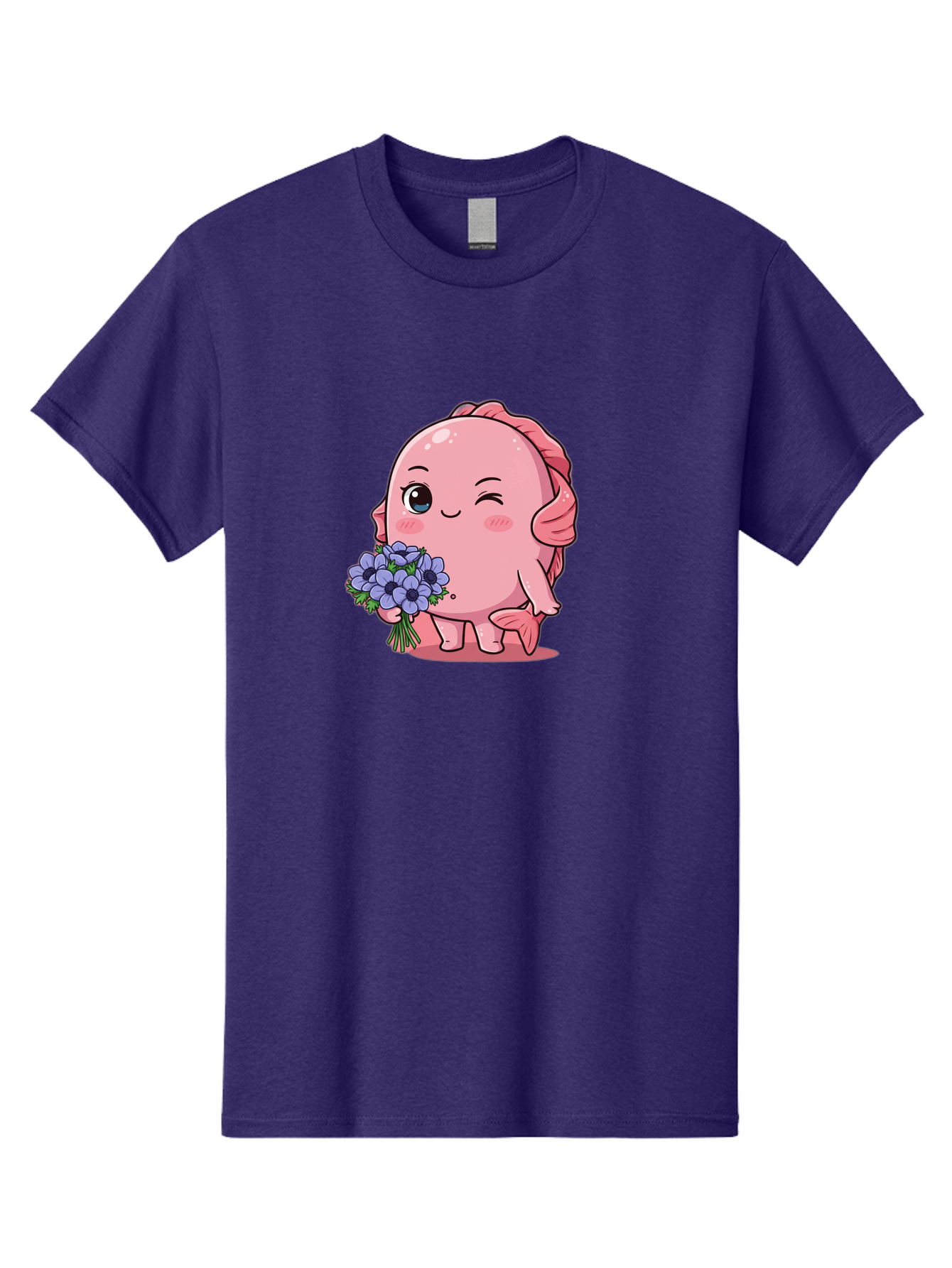 Pink-Axolotl Men'S Graphic Tee, 100% Cotton, Comfortable Casual Summer Wear, Machine Washable, Cartoon Axolotl, Pink Creature, Smiling Animal, Holding Flowers, Blue Blooms, Kawaii Character, Cute Illustration, Adorable Amphibian, Whimsical Art Bae235