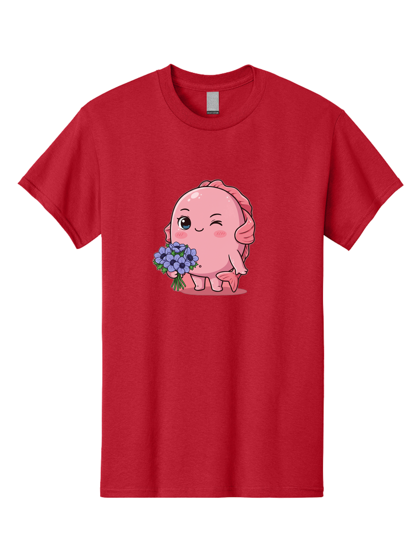 Pink-Axolotl Men'S Graphic Tee, 100% Cotton, Comfortable Casual Summer Wear, Machine Washable, Cartoon Axolotl, Pink Creature, Smiling Animal, Holding Flowers, Blue Blooms, Kawaii Character, Cute Illustration, Adorable Amphibian, Whimsical Art Bae235