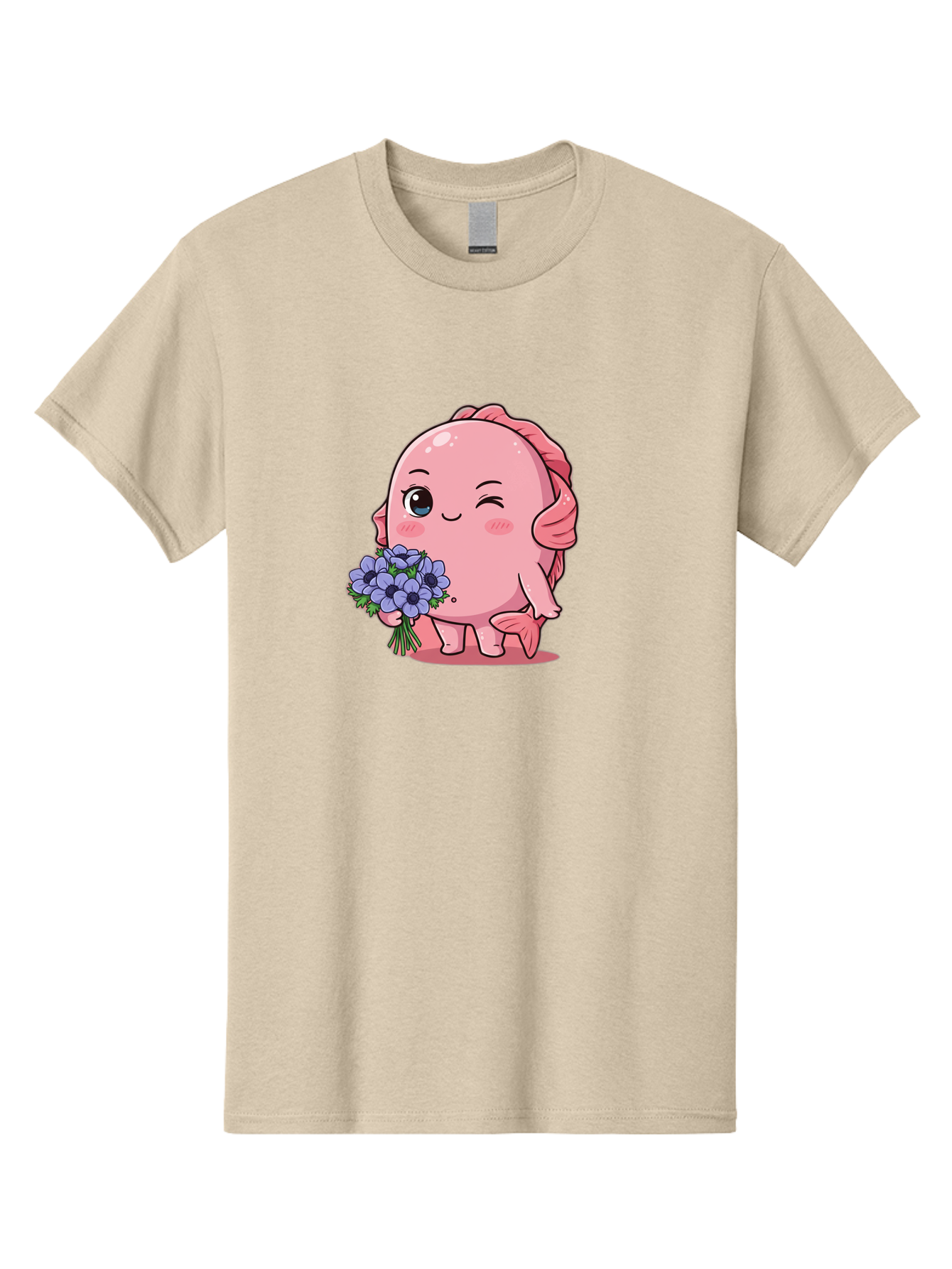 Pink-Axolotl Men'S Graphic Tee, 100% Cotton, Comfortable Casual Summer Wear, Machine Washable, Cartoon Axolotl, Pink Creature, Smiling Animal, Holding Flowers, Blue Blooms, Kawaii Character, Cute Illustration, Adorable Amphibian, Whimsical Art Bae235